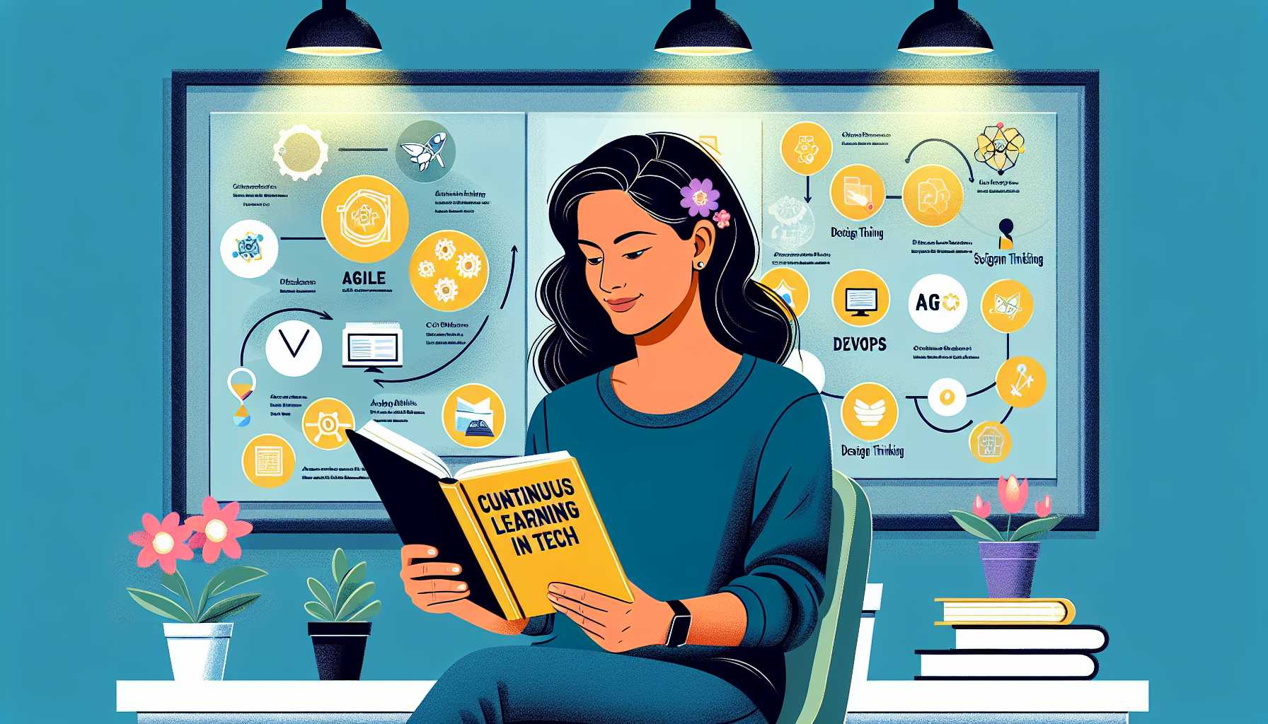 An illustration of a product manager reading a book titled 'Continuous Learning in Tech' with agile, DevOps, and design thinking icons in the background