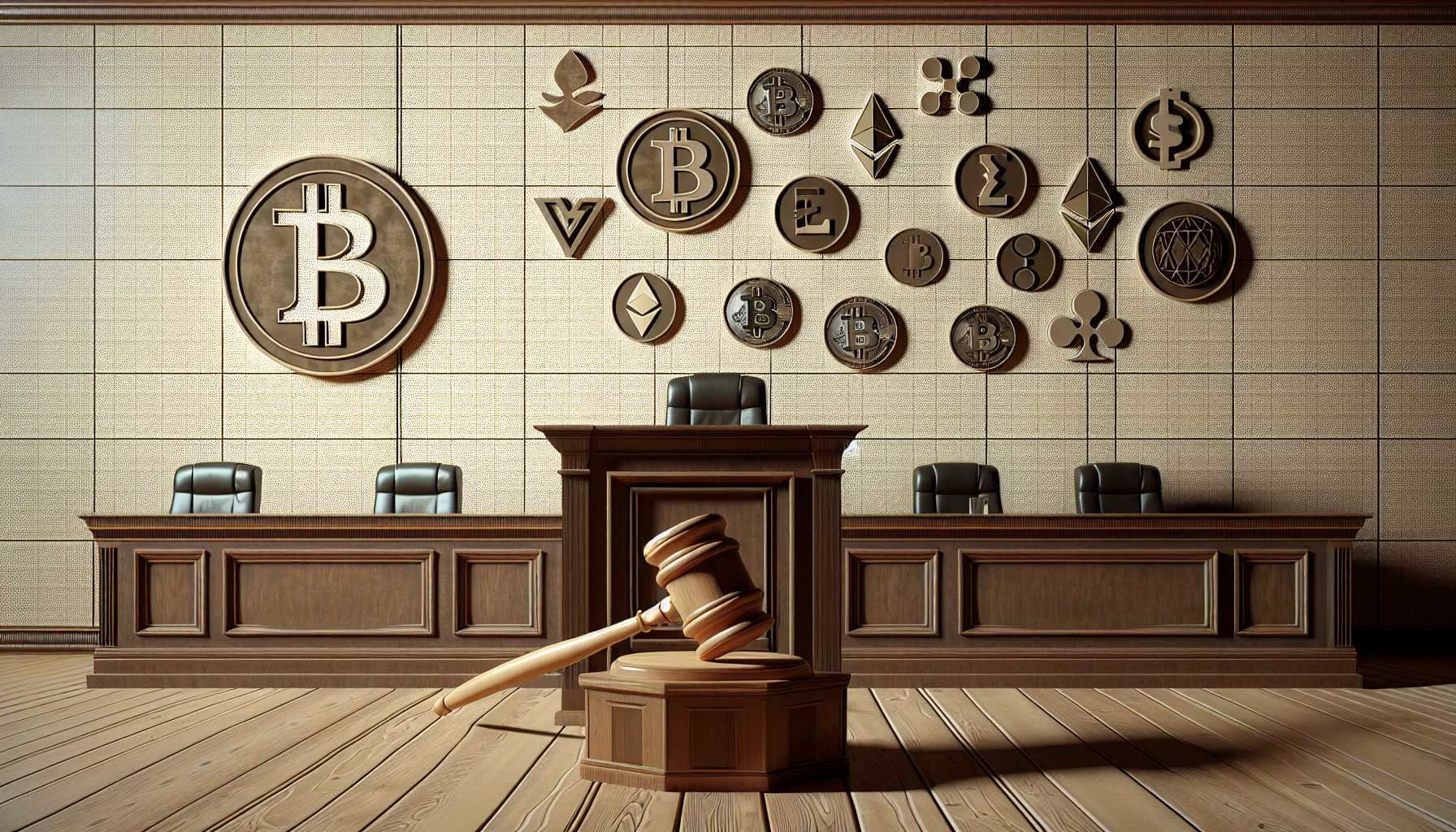 a courtroom with a gavel and cryptocurrency symbols