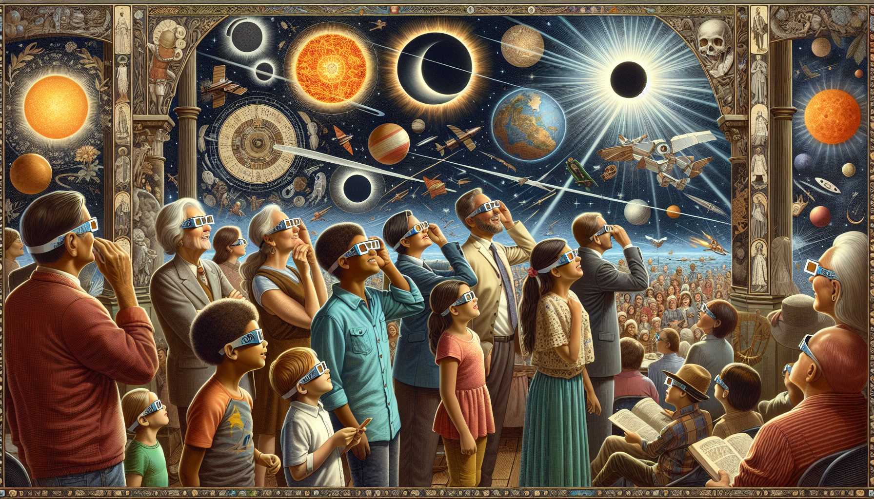 people observing a solar eclipse with historical illustrations