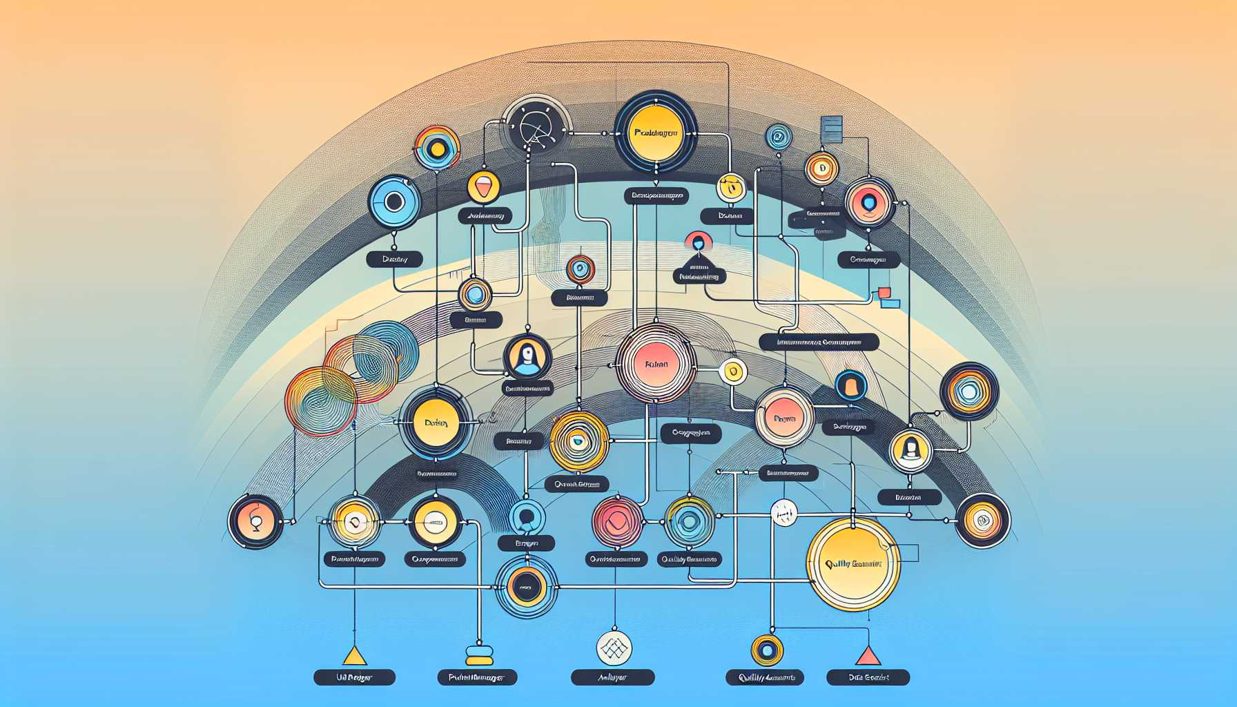 an organizational chart displaying cross-functional team roles and interactions in technology product management