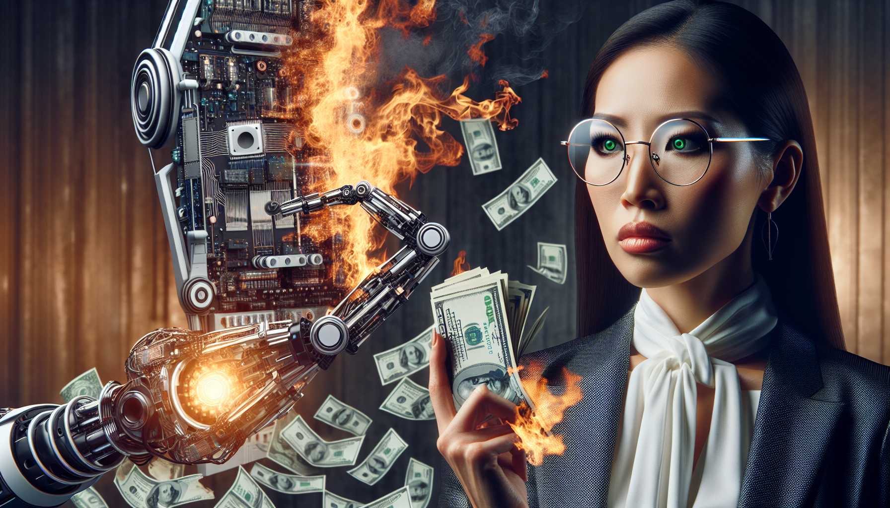 Artificial intelligence machine burning money with a concerned CEO