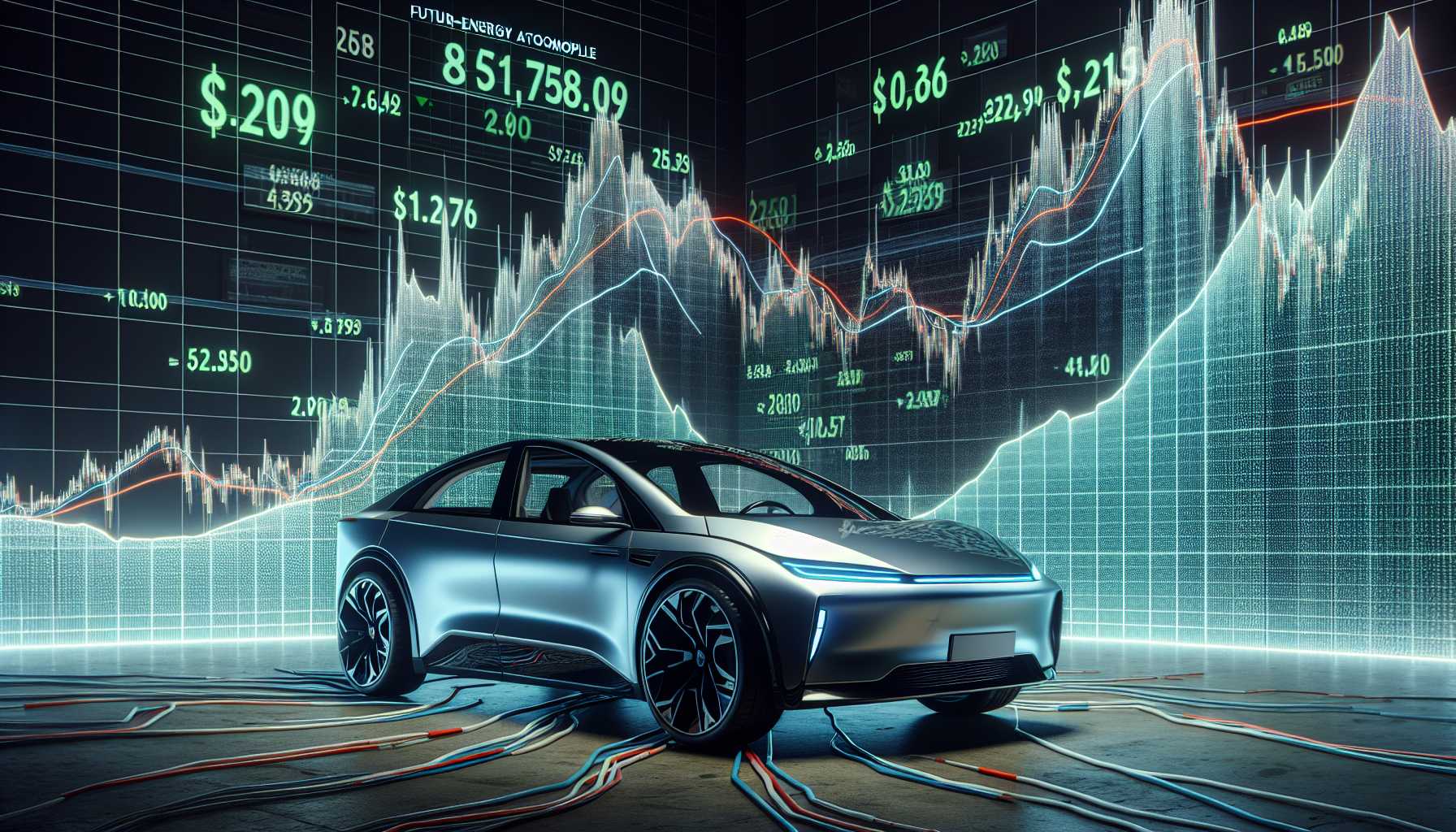 Tesla car with price tags in fluctuation on a stock market graph