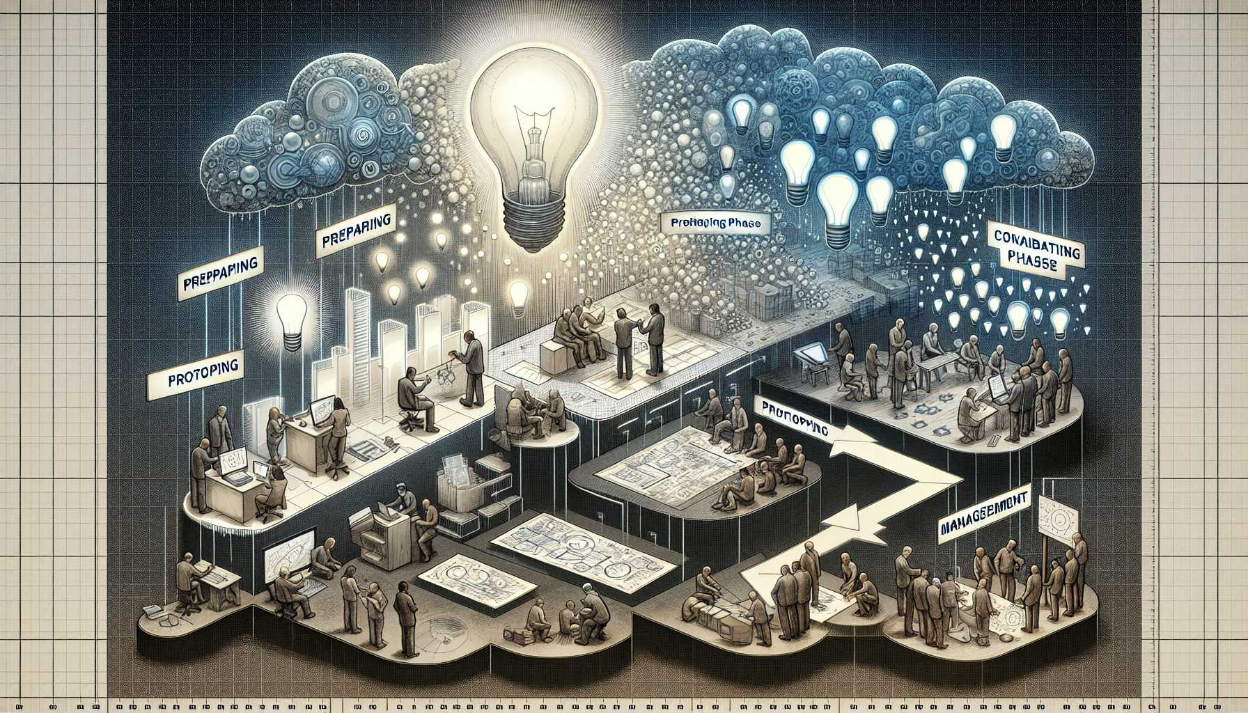 schematic representation of transitioning from ideation to development including preparing, prototyping, collaboration, and management phases