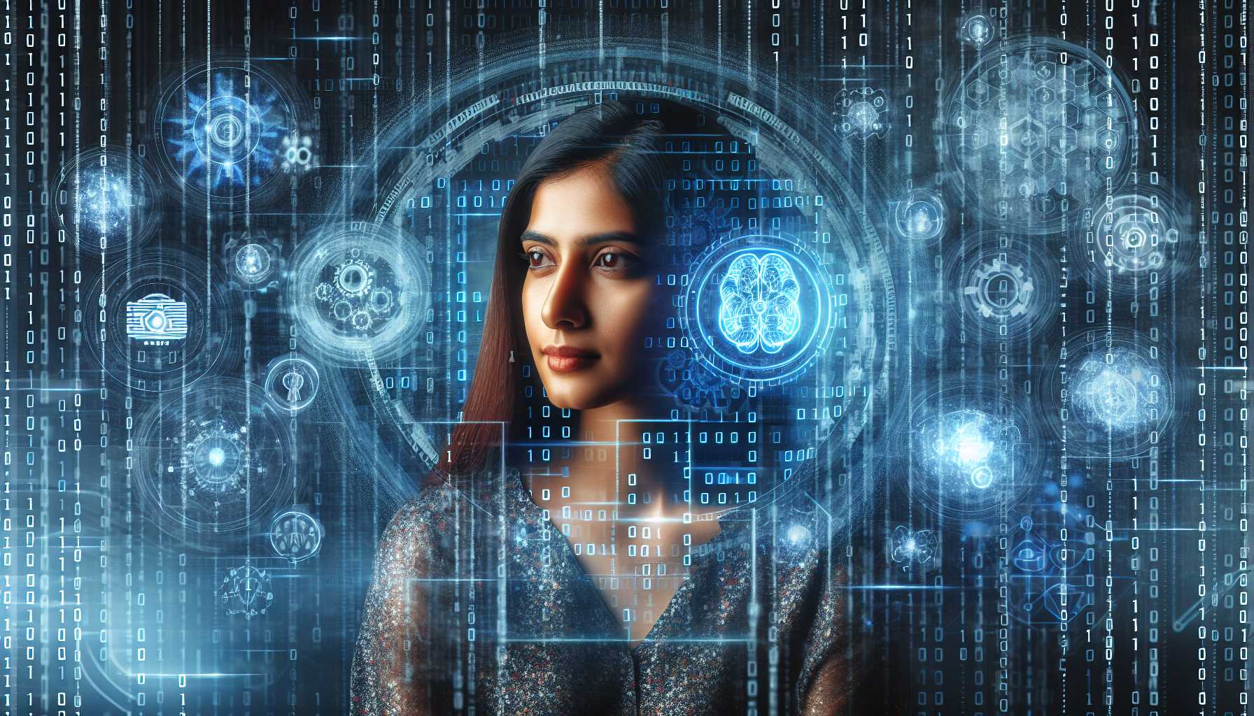 AI and diversity in technology concept with a woman surrounded by code and AI imagery