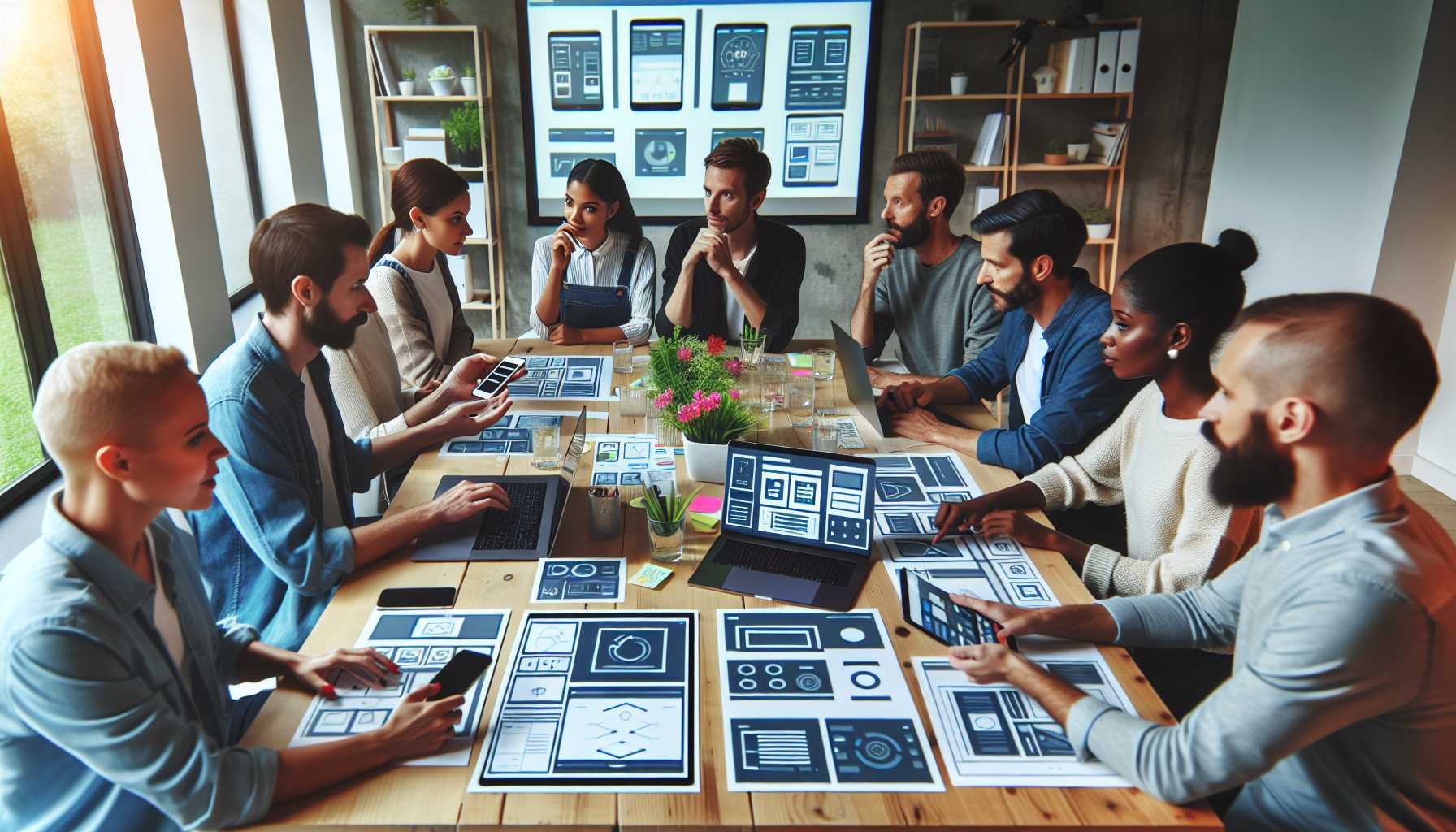 user experience designers around a table with interfaces displaying different UX designs