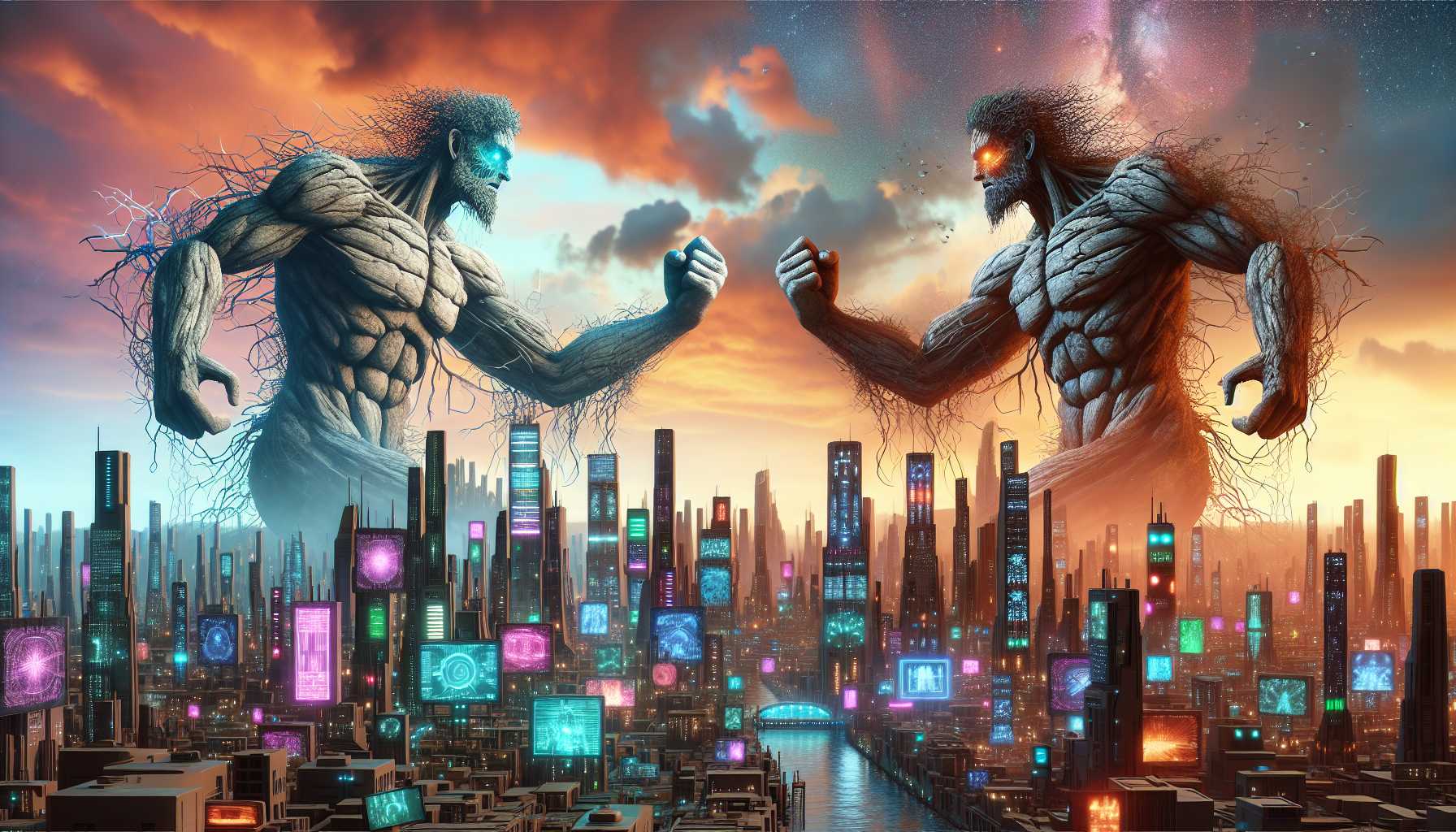 conceptual art of Titans clashing over a technological landscape