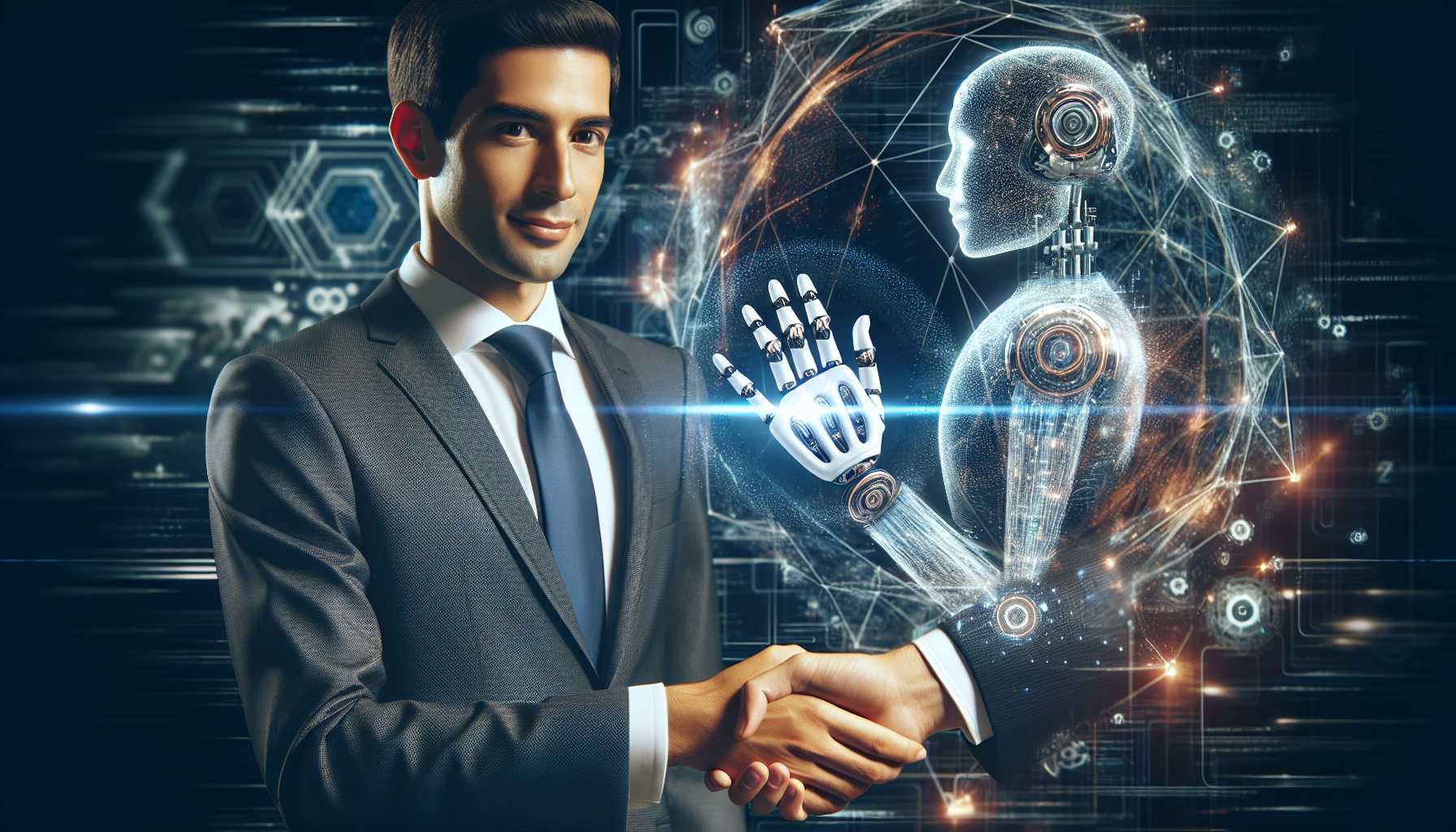 an executive shaking hands with AI, symbolizing a merger in travel tech