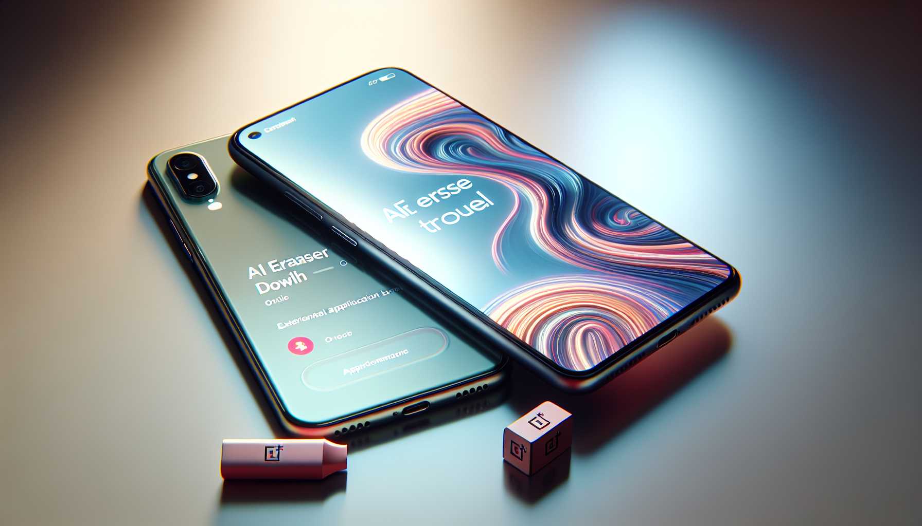 OnePlus smartphone with AI Eraser tool interface and an Apple iPhone with external app download window