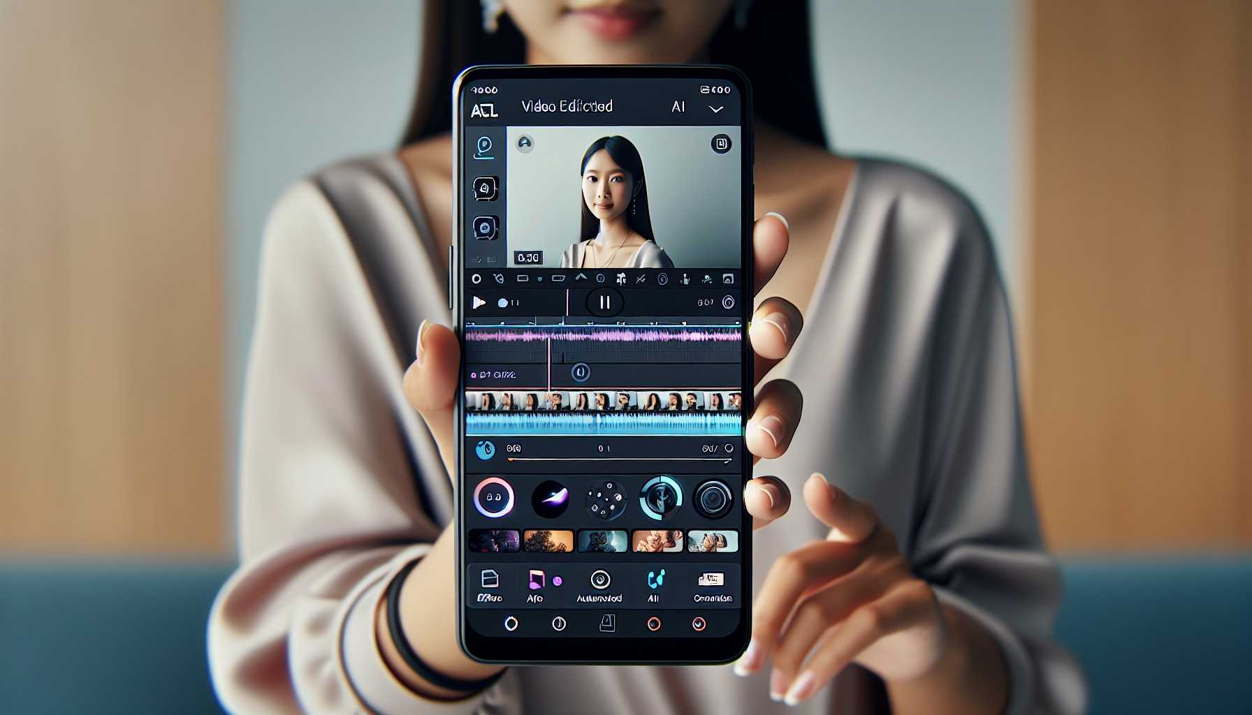 a person holding a smartphone showing a video editing app with AI features