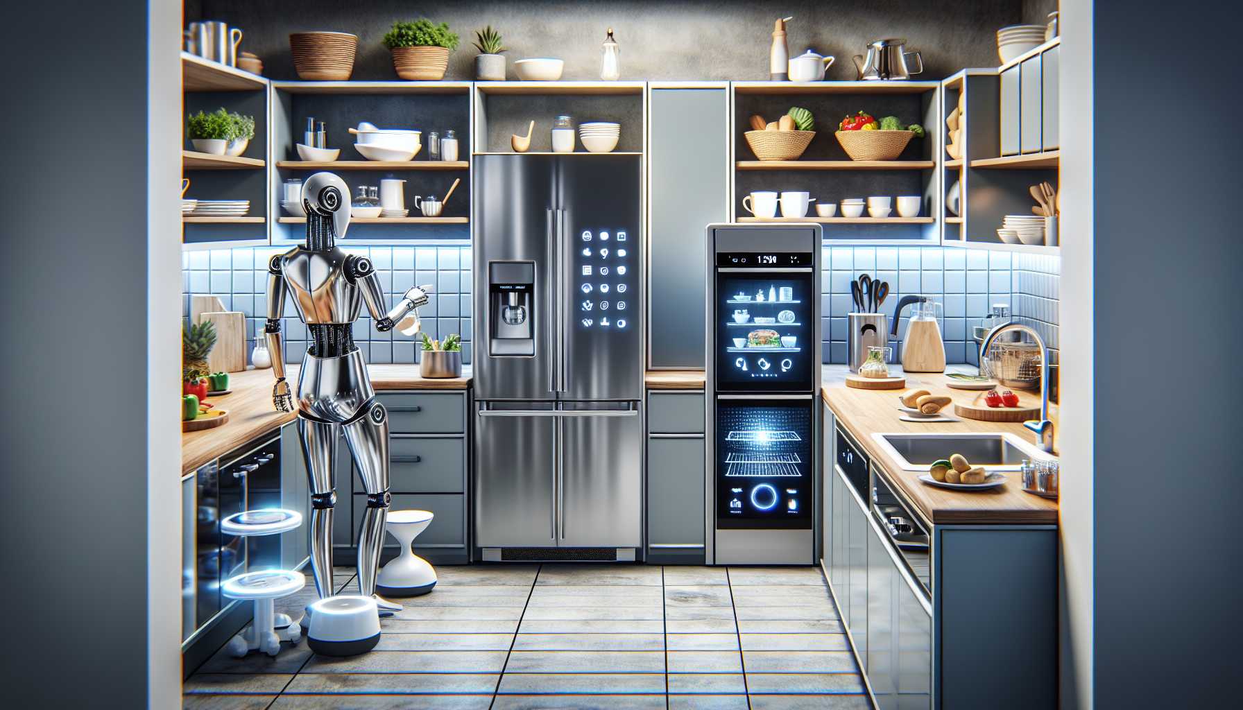 a futuristic kitchen with AI-powered home appliances