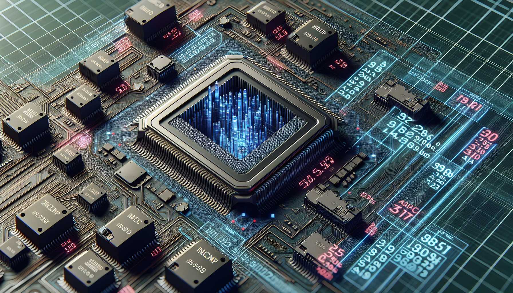 graphic of semiconductor chips with stock market tickers