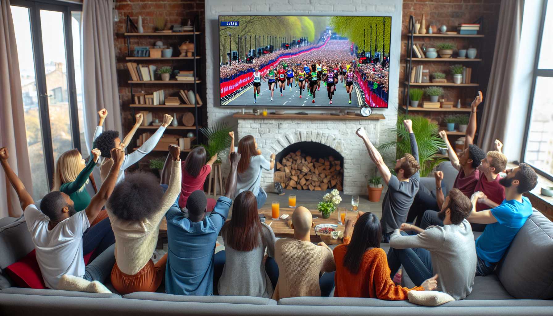 excited crowd watching London Marathon on streaming service