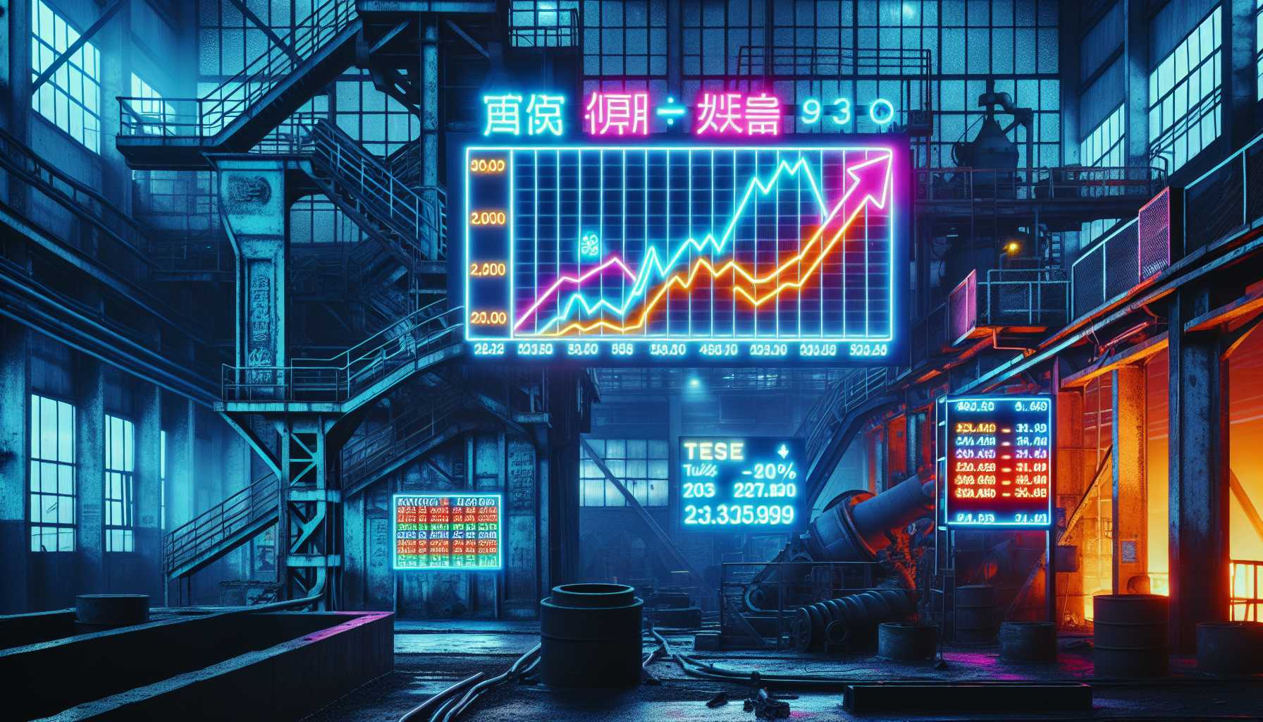 Intel foundry with neon signs showing financial graphs trending downwards indicating losses