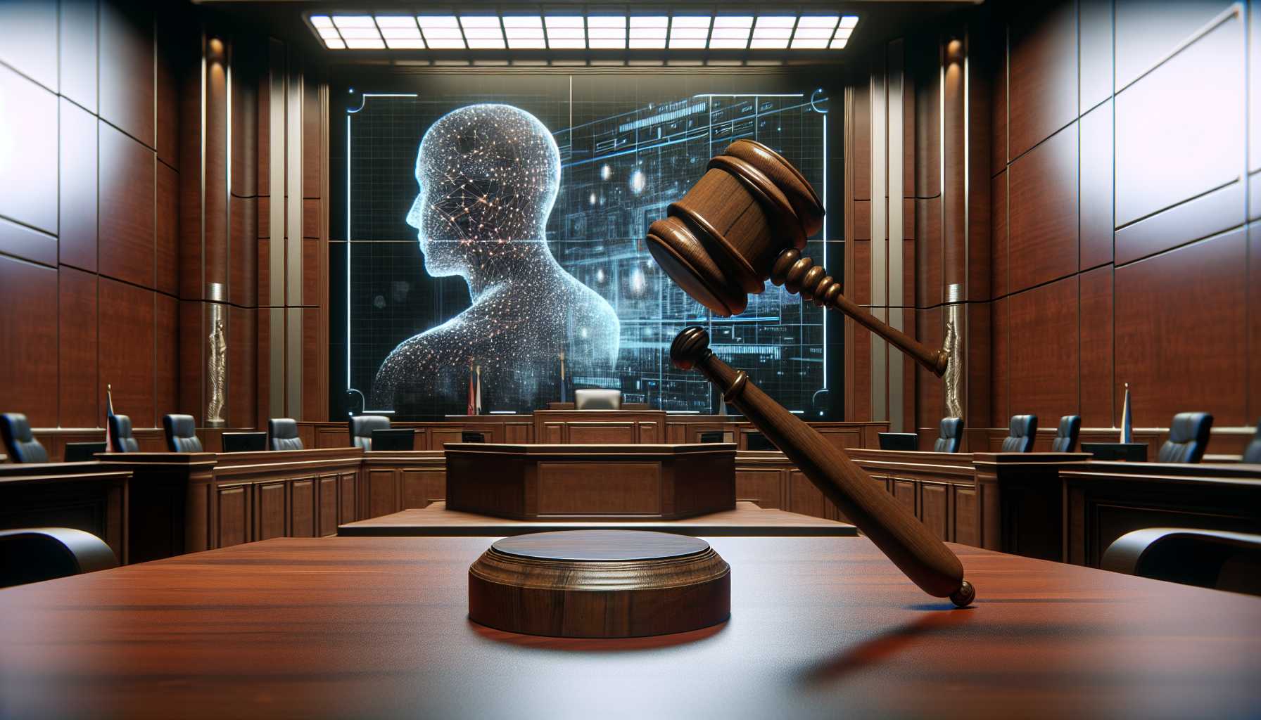 A judge gavel striking at AI-generated video evidence displayed on a courtroom screen