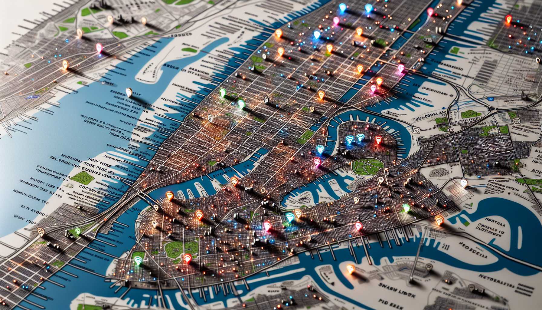 A map of New York City with Wi-Fi hotspots marked on it