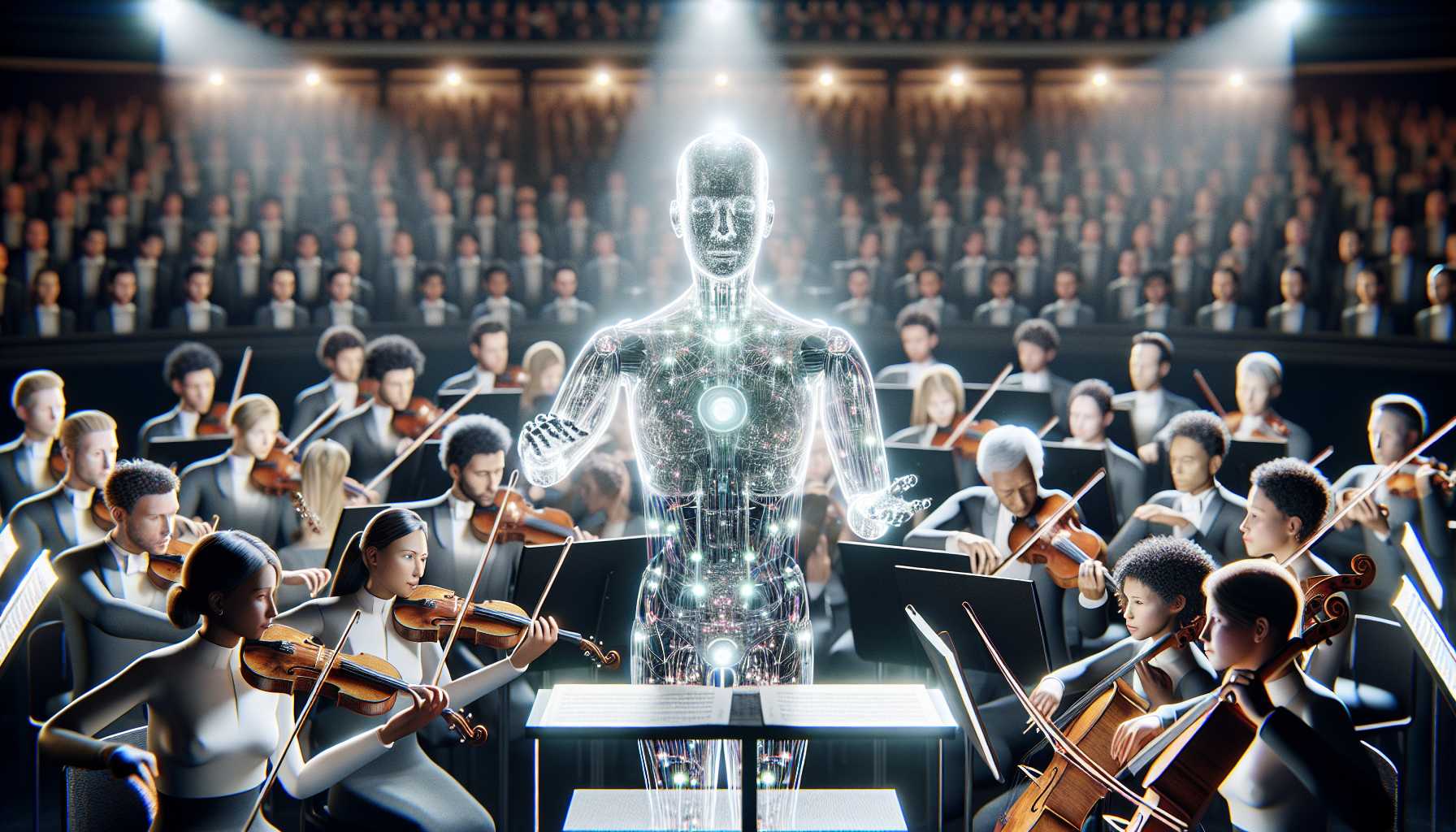 AI maestro conducting a symphony orchestra