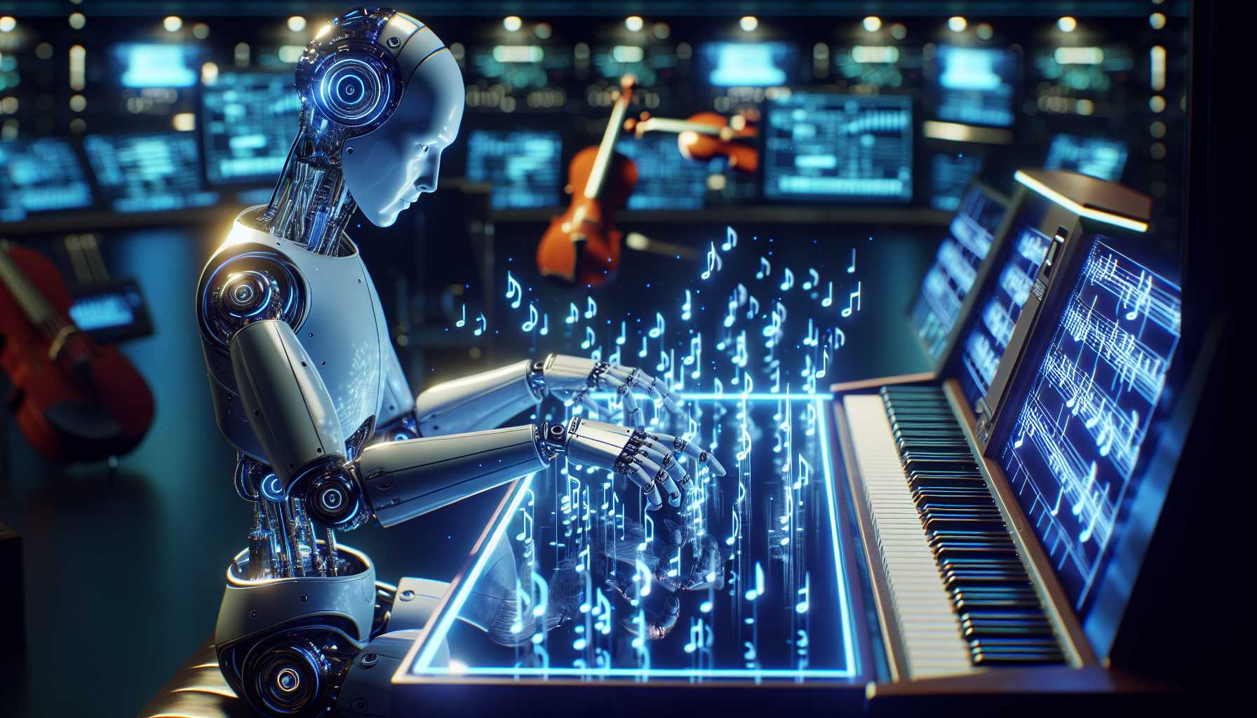 AI robot's hand composing music on a futuristic interface