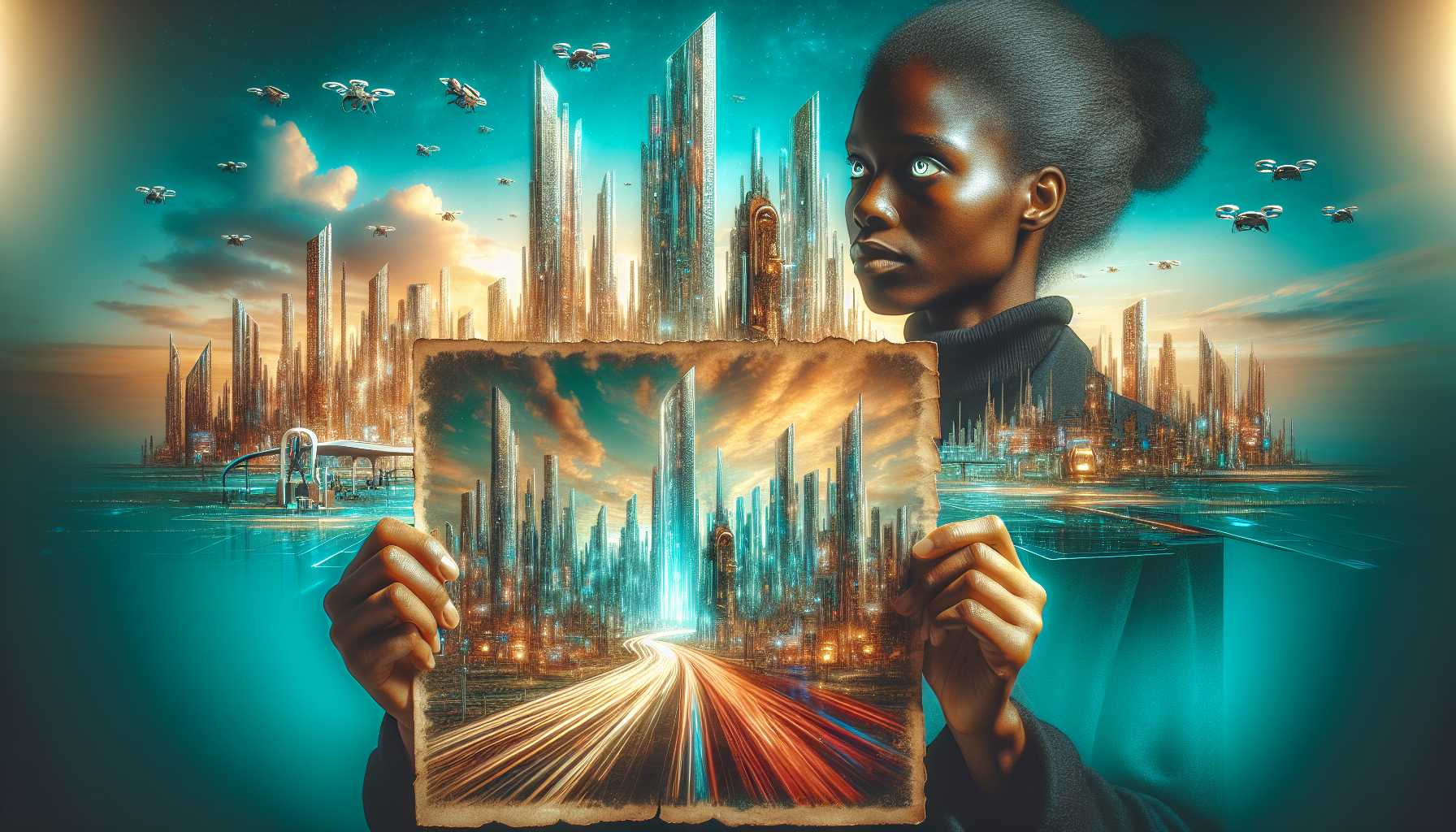 Person holding a photo while looking toward futuristic cityscape
