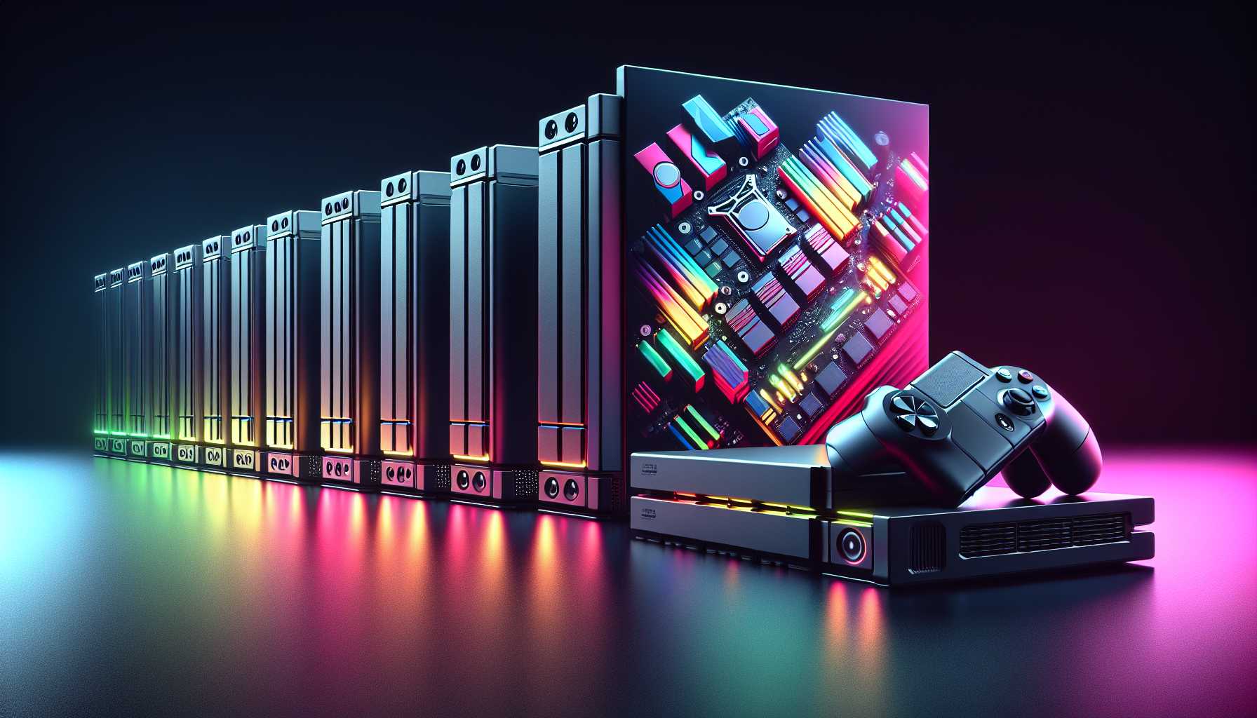 A collection of SSDs lined up against a gaming console backdrop
