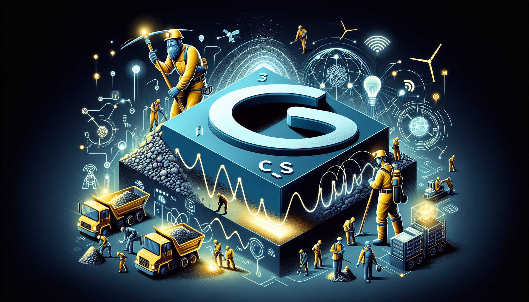 Cesium element symbol Cs with mining imagery and 5G network graphics