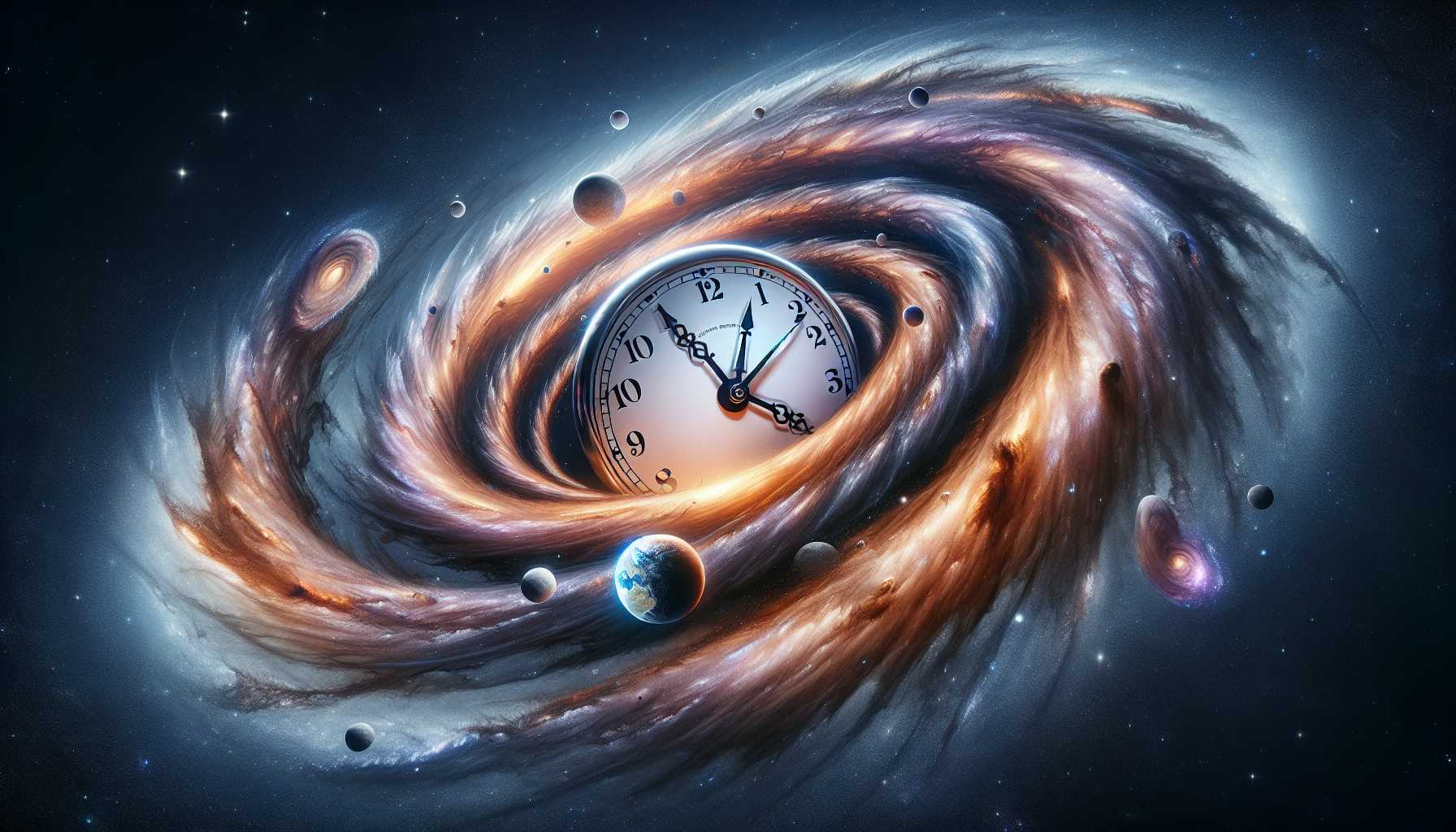 Depiction of gravity affecting time in space, with Earth and the Moon