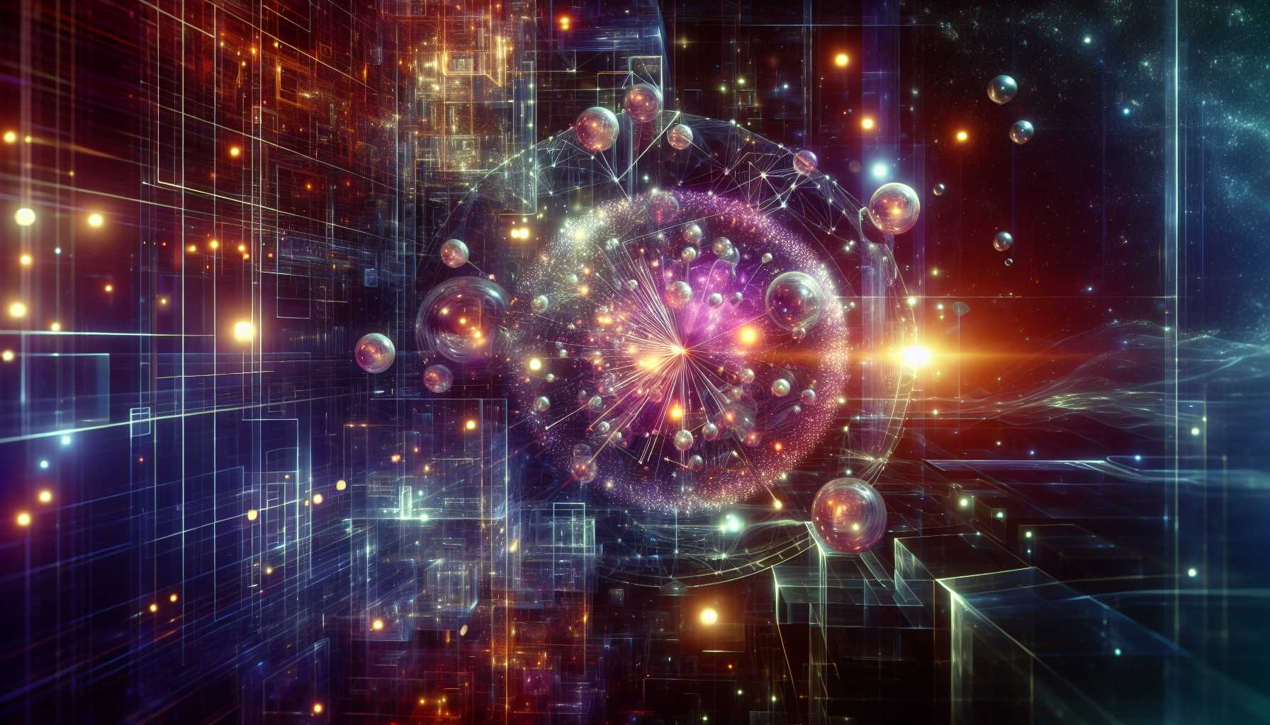 Abstract representation of quantum computing with qubits and futuristic elements