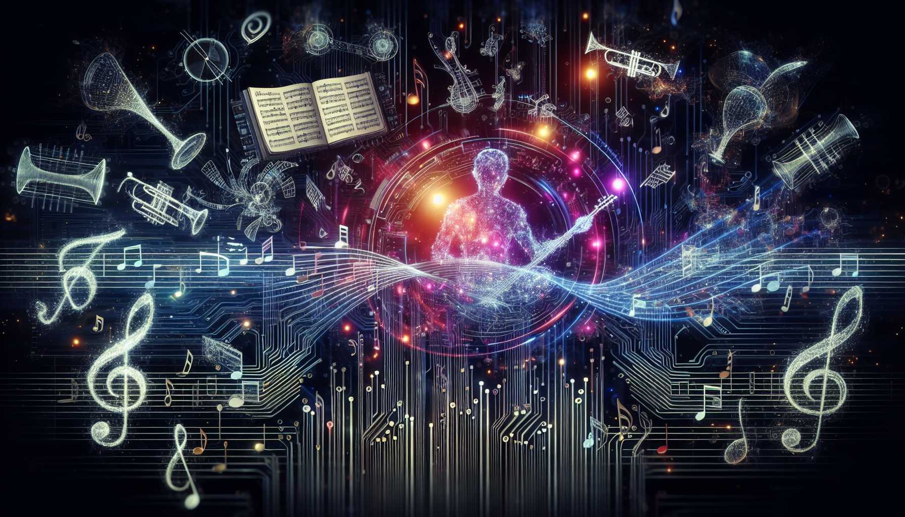 Artistic visualization of an AI creating music, with musical notes and digital elements converging