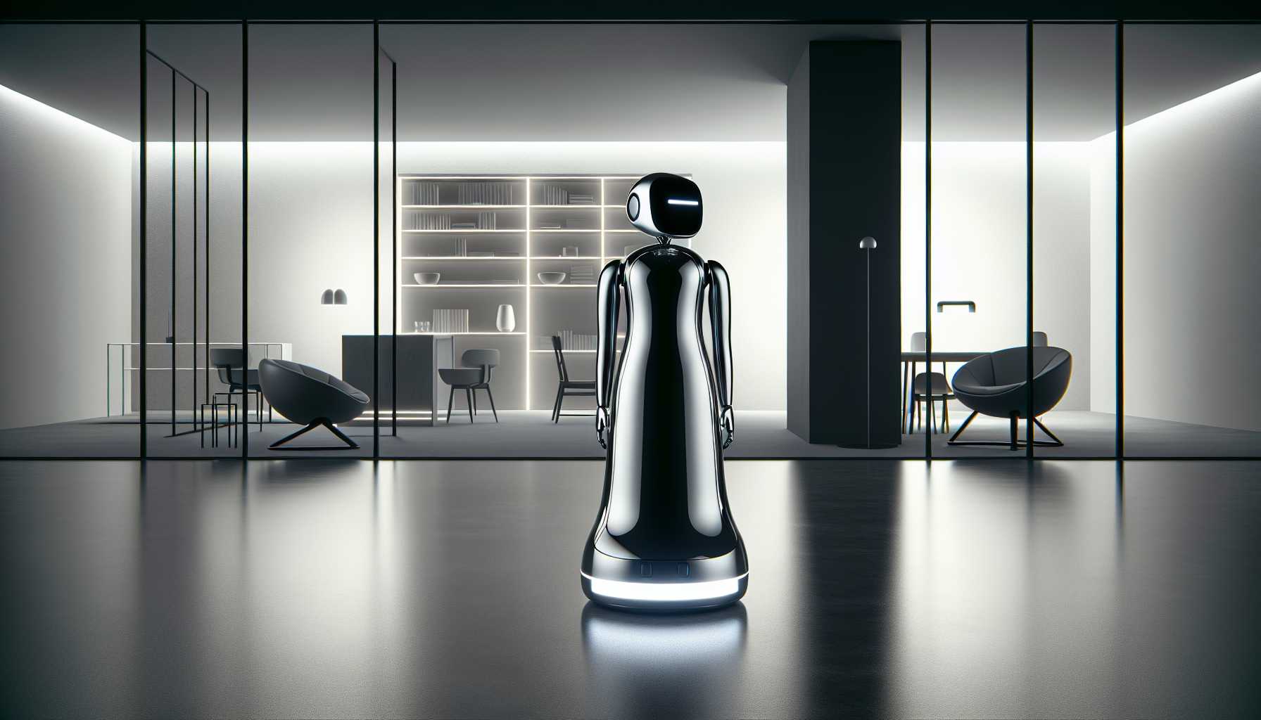 Sleek personal robot in a modern home environment, possibly conceptualized by Apple
