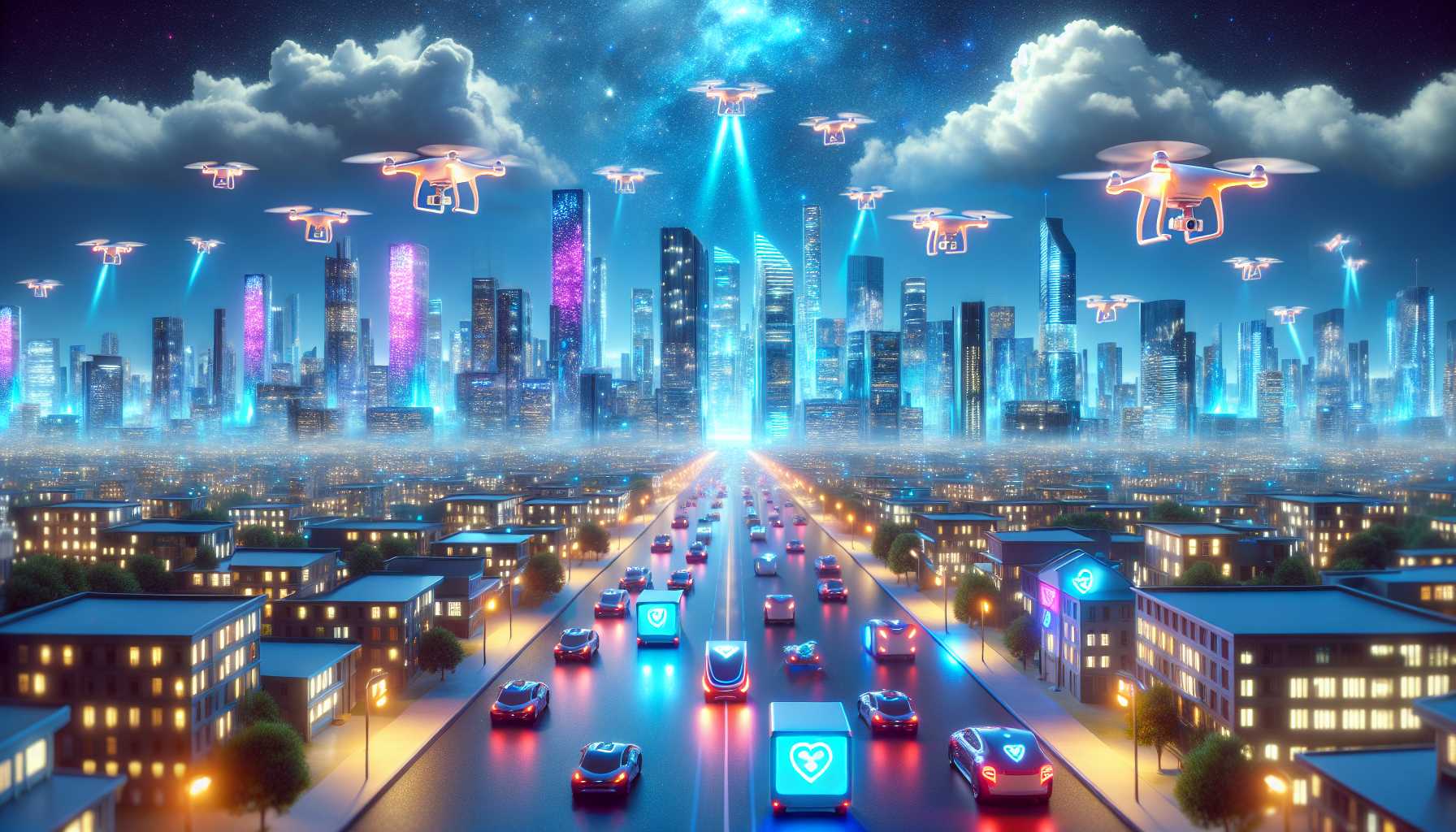 futuristic cityscape with drones and autonomous vehicles delivering food