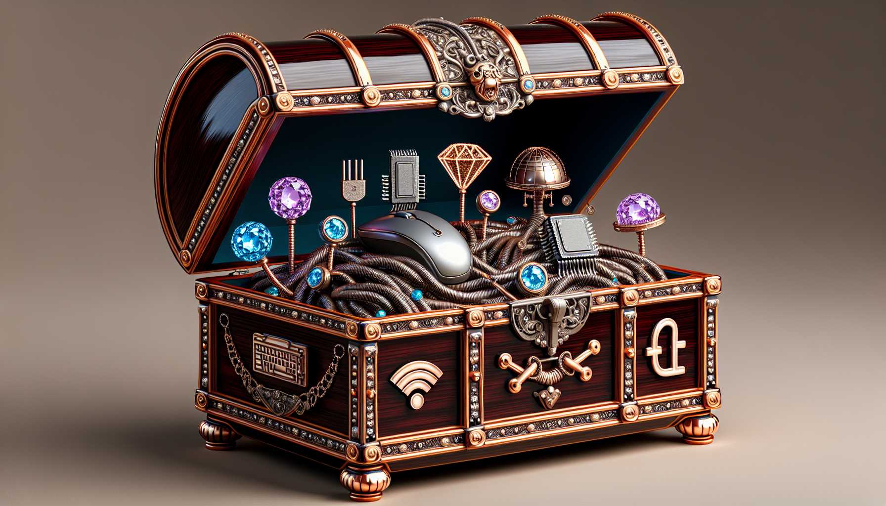 stylized representation of a treasure chest with symbols of tech companies as jewels inside