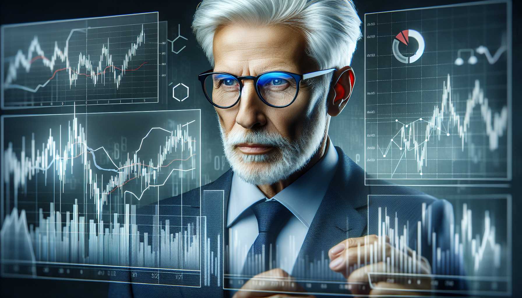 digital portrait of Warren Buffett analyzing stock performance charts