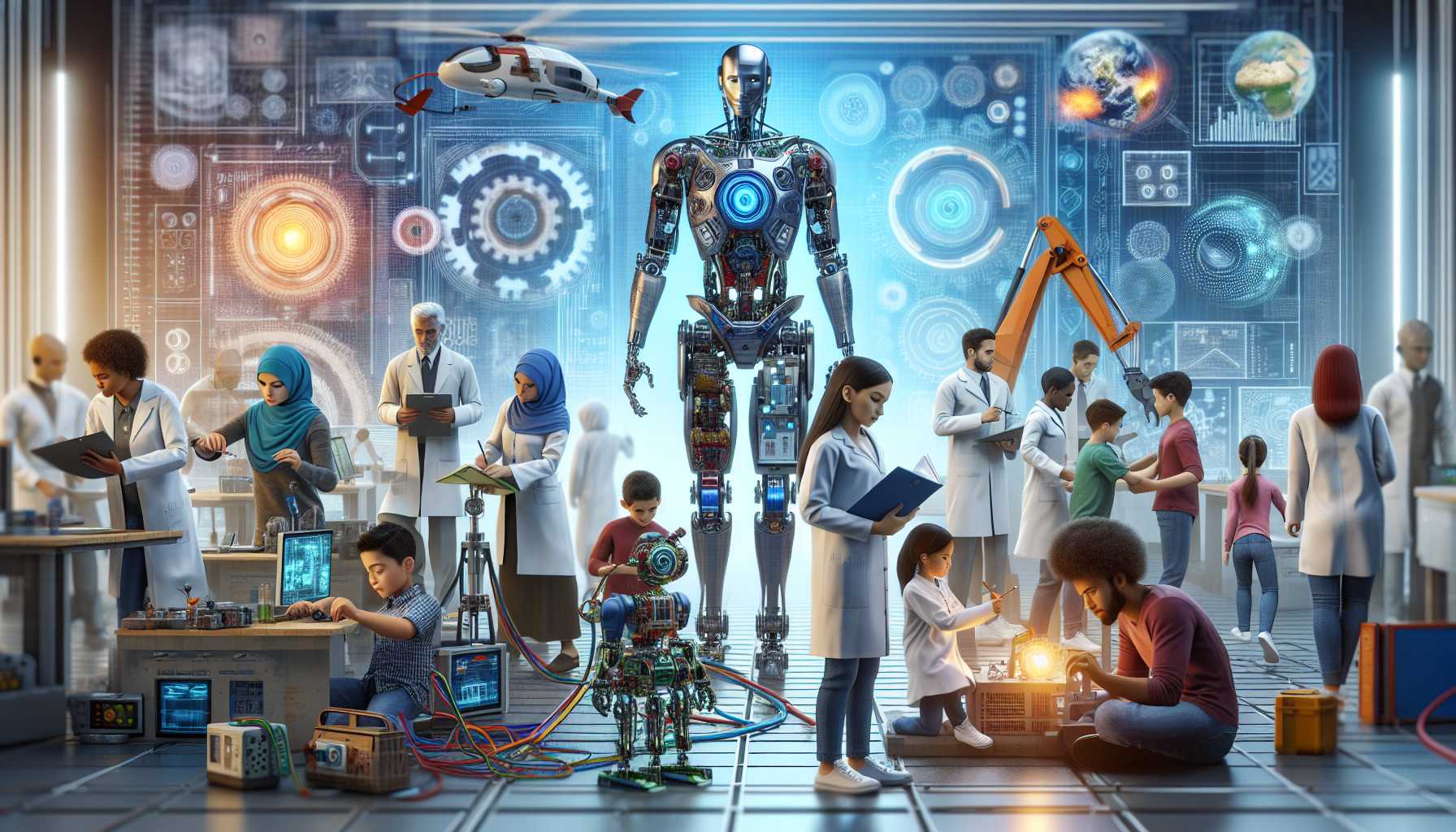 concept art of AI revolution, depicting robots and humans working together