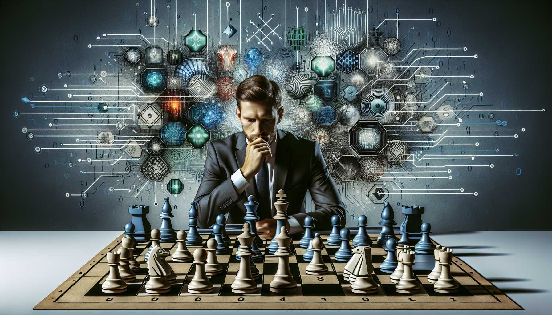 illustration of a tech investor playing chess with pieces representing tech companies