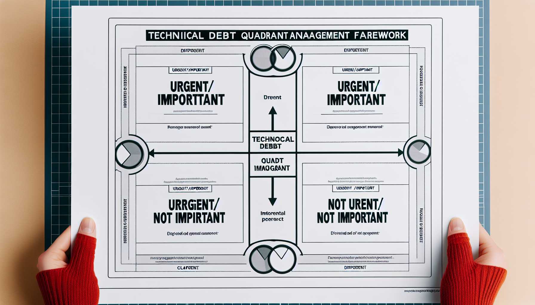 A diagram labelled 'Technical Debt Quadrant Management Framework' with four quadrants: Urgent/Important, Important/Not Urgent, Urgent/Not Important, Not Urgent/Not Important