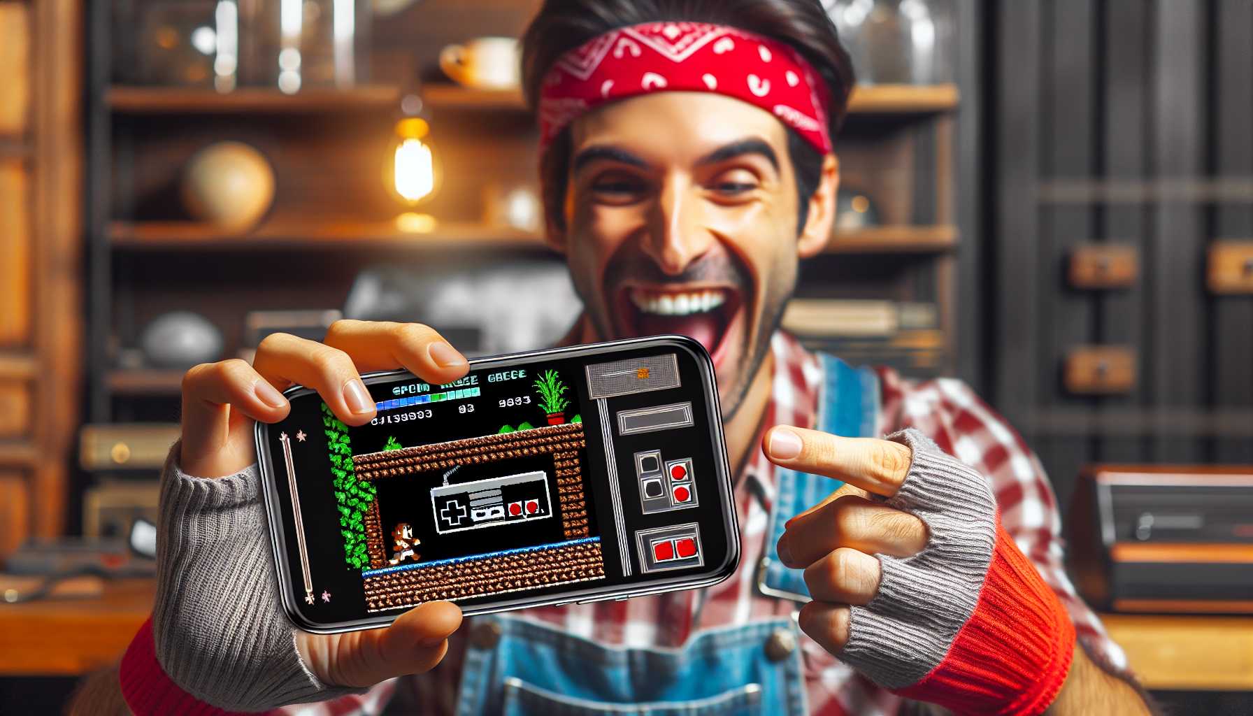 excited retro gamer on modern iPhone displaying an emulator game