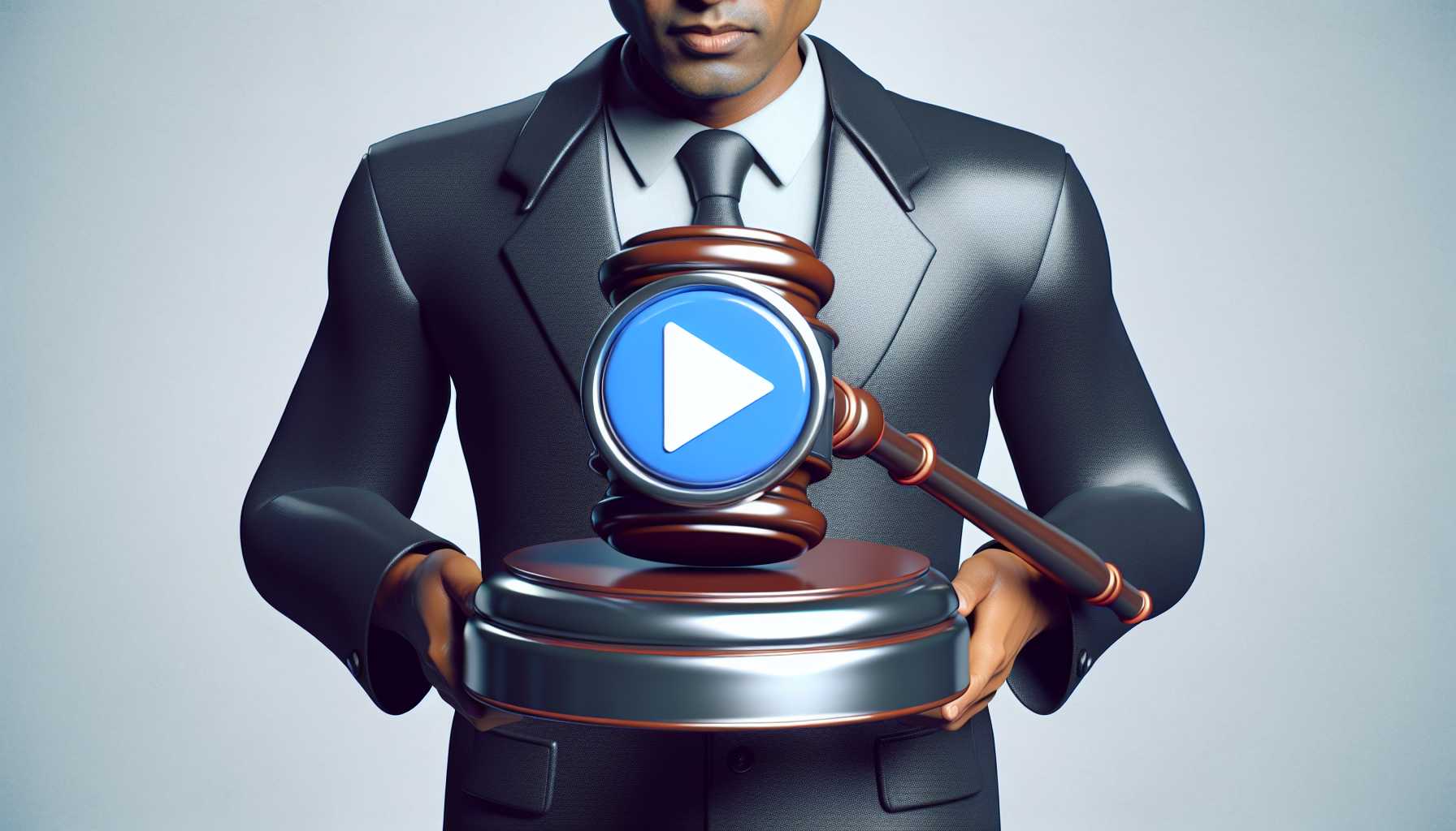 Neal Mohan holding a gavel with YouTube's logo, representing the enforcement of platform's content usage policies