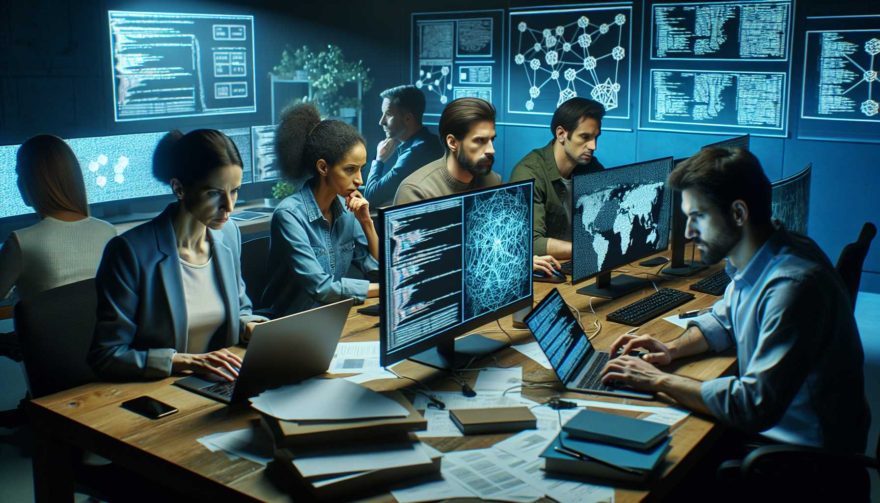 team of cybersecurity experts working together in front of computers