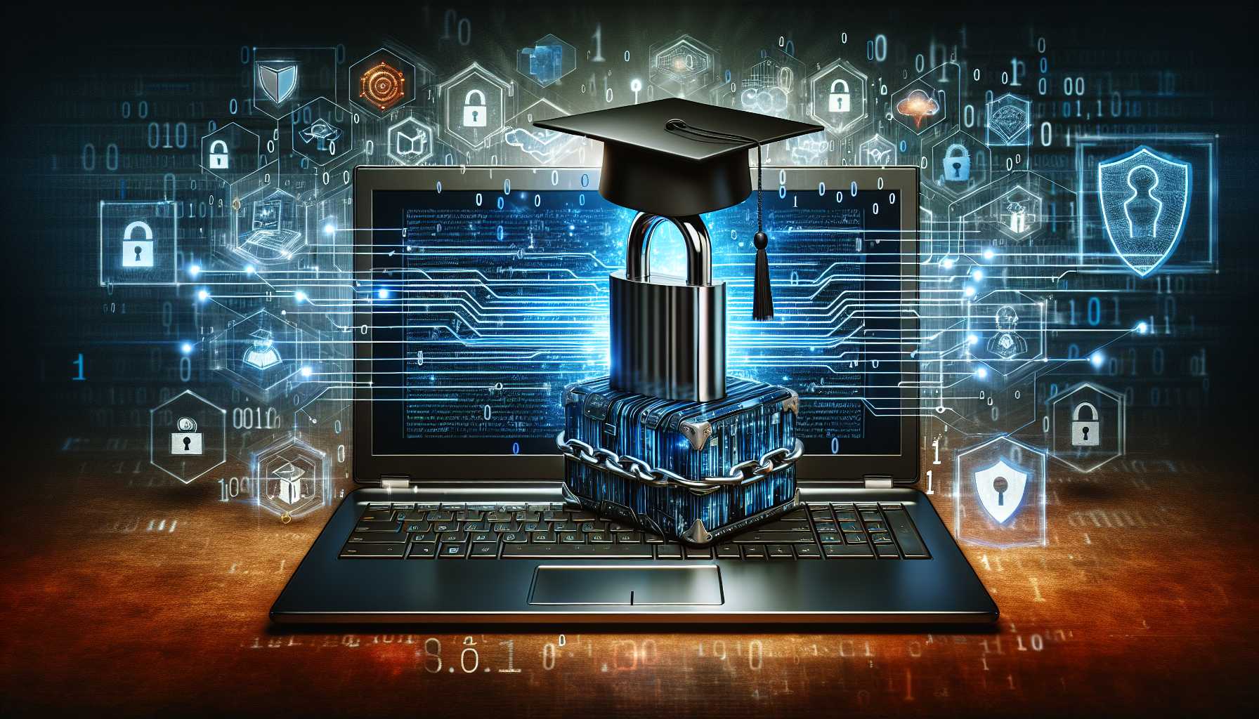 an image symbolizing online cybersecurity education with a computer, lock, and graduation cap