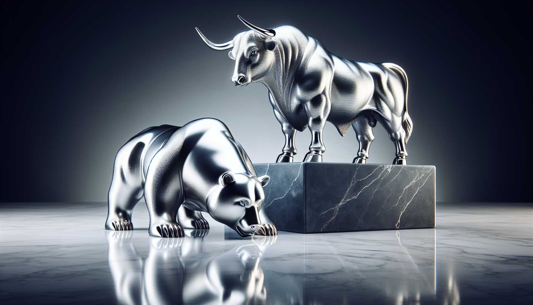 silver bull and bear stock market sculptures