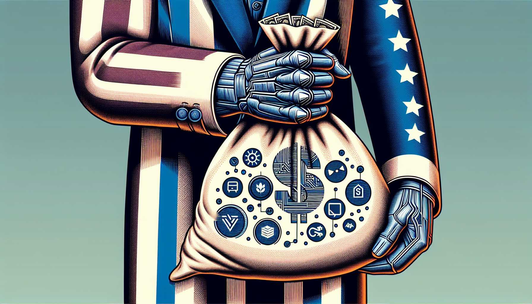 Uncle Sam's hand holding a bag of money with tech company logos