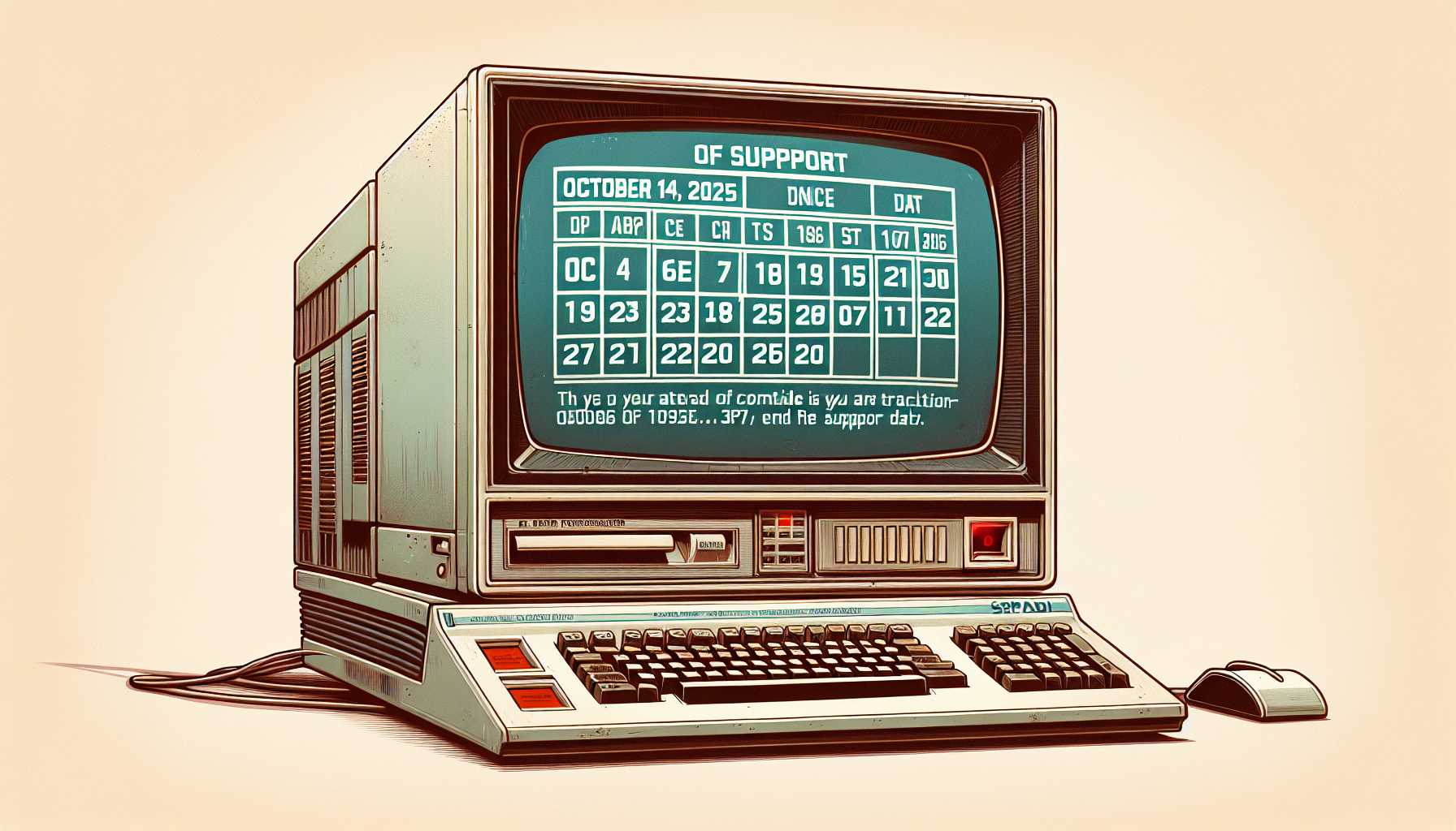 Concept art of a old-style computer displaying a calendar marked with October 14, 2025, the end of support date for Windows 10