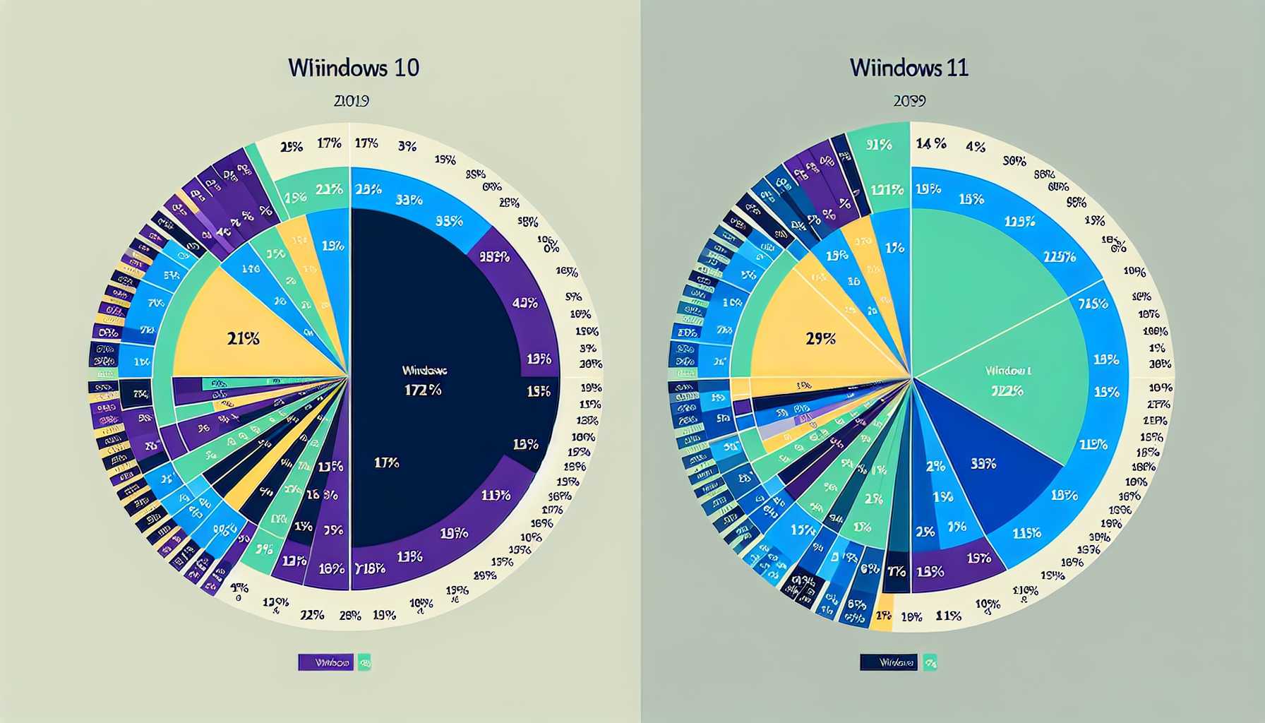 A split graphic showing the usage statistics pie chart of Windows 10 versus Windows 11 users