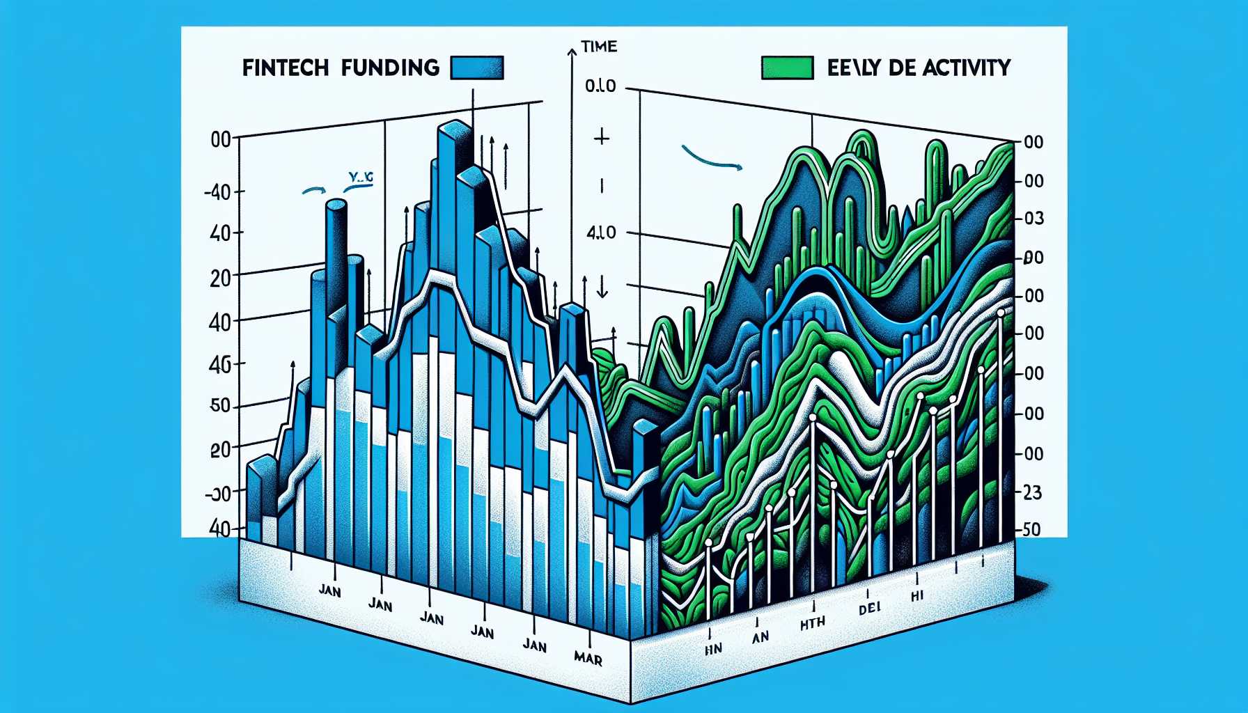 Graph showing the decline in fintech funding in Q1 juxtaposed with an uptick in equity deal activity