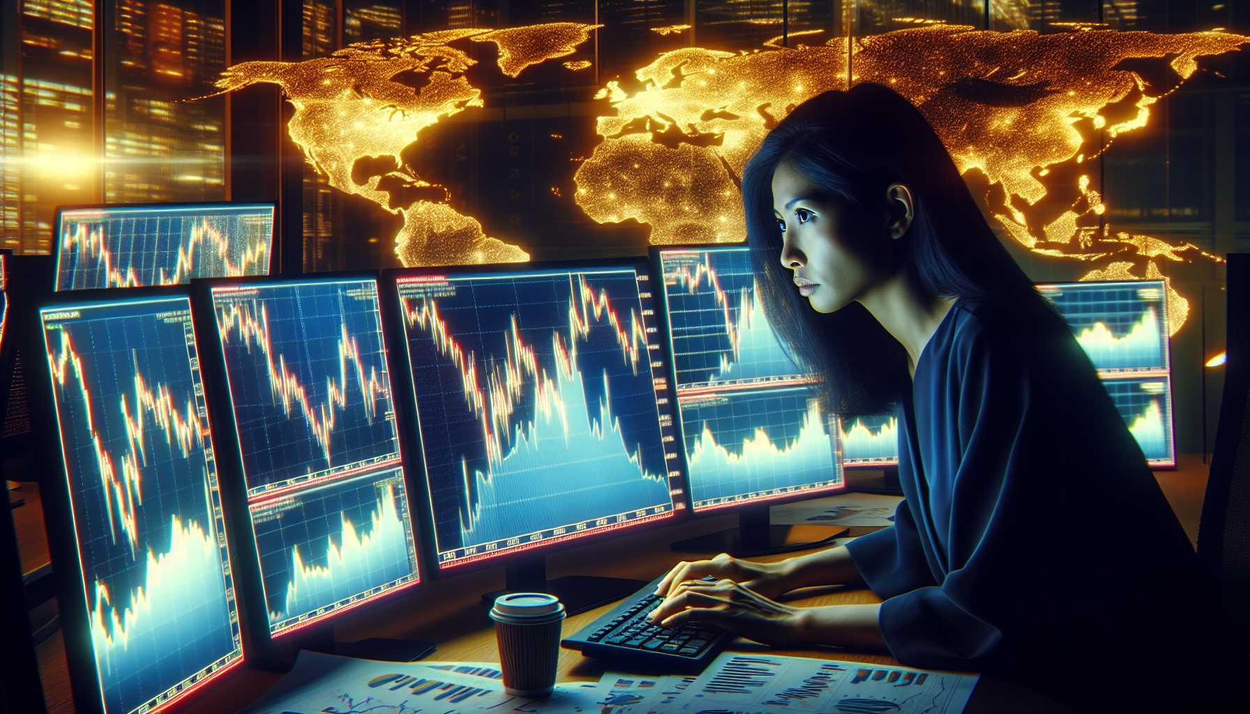 An analyst staring at multiple screens with gold prices charts soaring amidst global maps highlighting geopolitical tensions