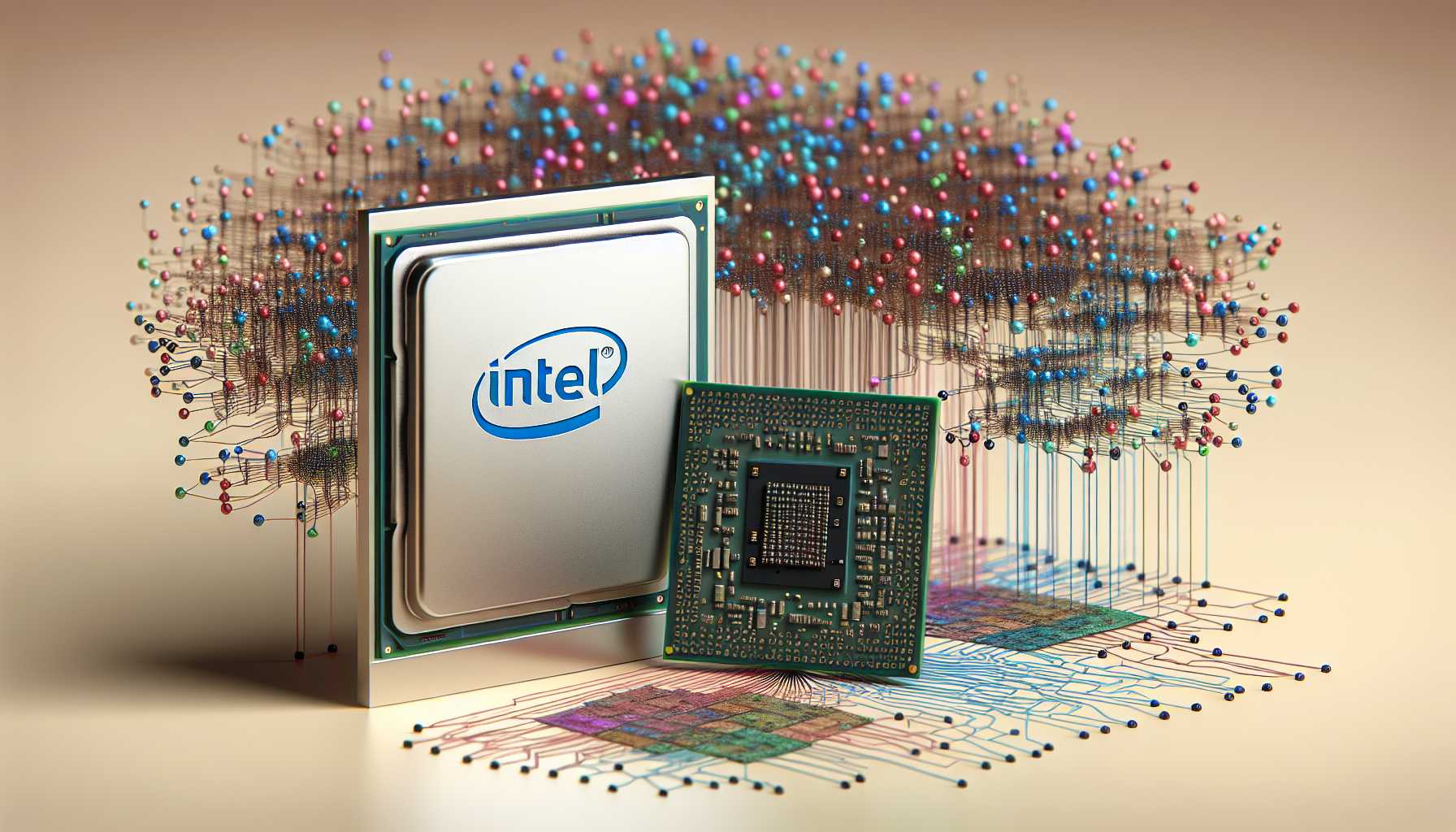 Intel processor next to AI neural network illustration