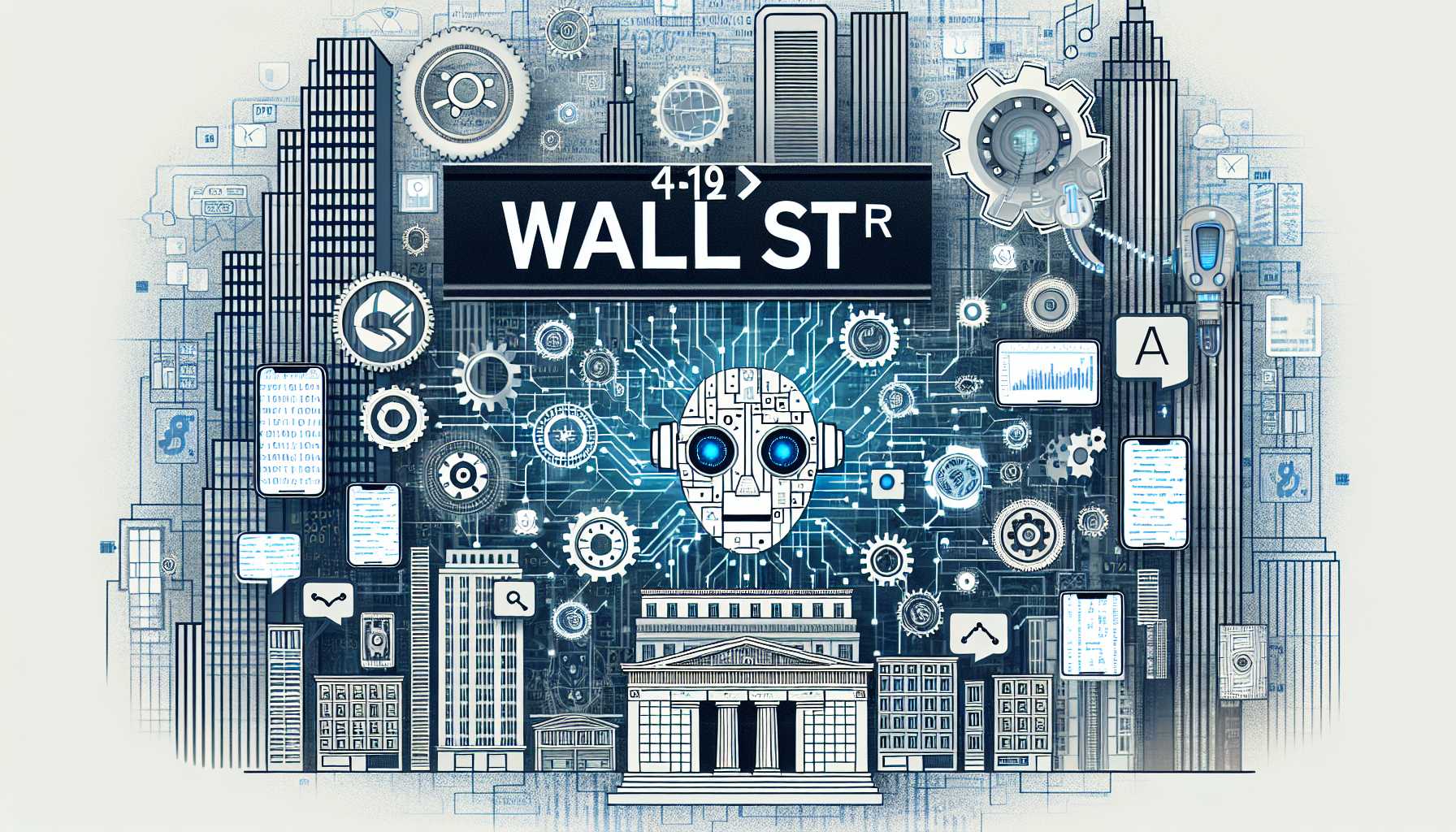 Wall Street sign with AI and technology icons around it