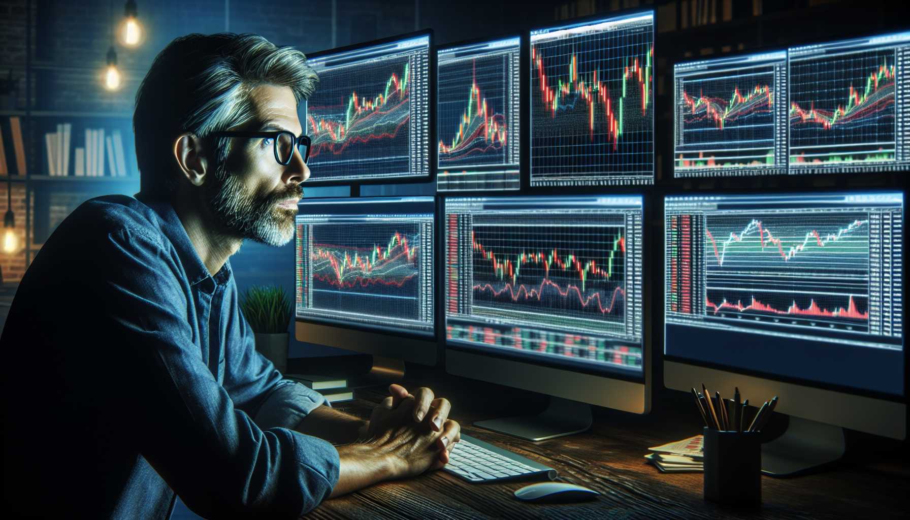 Michael Burry looking at stock market charts on multiple computer monitors