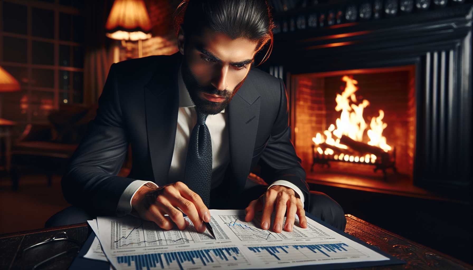 an investor reading financial reports beside a fireplace, contemplating investment decisions