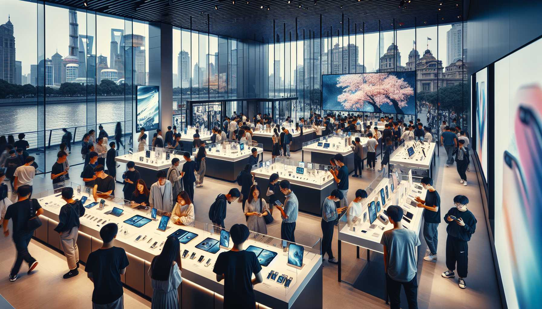 an Apple flagship store in Shanghai bustling with activity despite market challenges