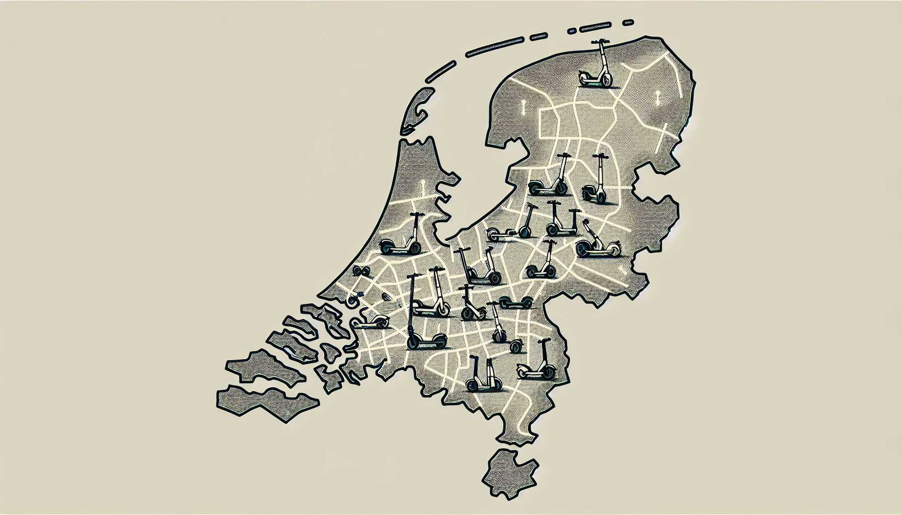 a map of the Netherlands with electric scooters parked in urban areas